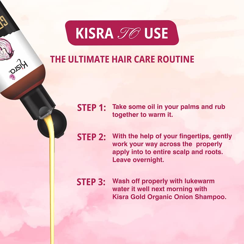 Kisra Gold Organic Onion Hair Oil for Hair Growth - 100% Natural with Black Seed, Red Onion & Coconut Oil - Controls Hair Fall & Promotes Healthy Hair - 100ml (Pack of 1) - Perfect for Daily Hair Care & Scalp Treatment