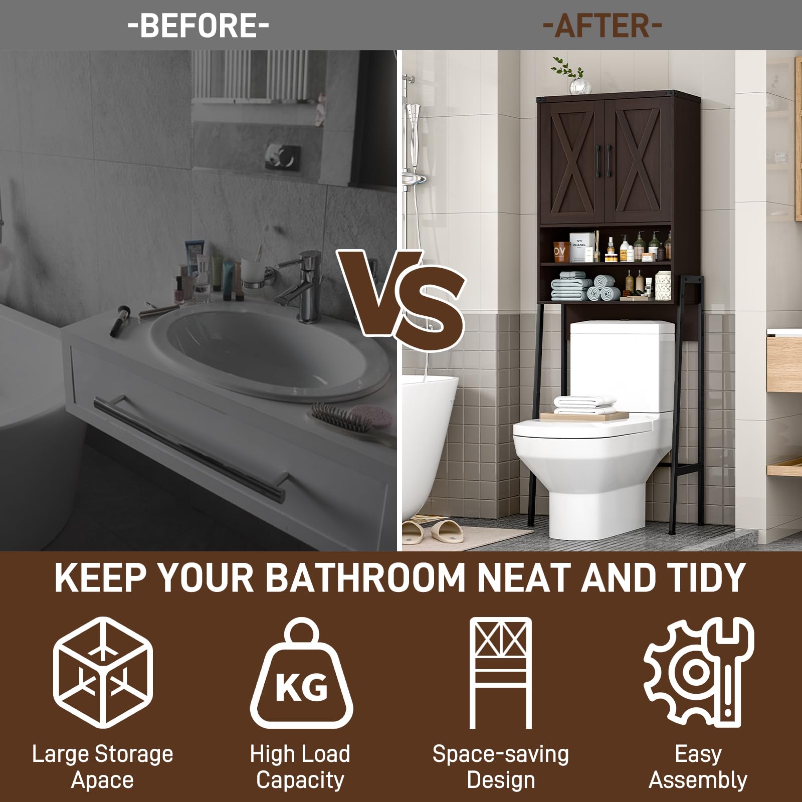 Farmhouse Over The Toilet Storage Cabinet with Metal Frame & Barn Doors - Space-Saving Bathroom Organizer for Toiletries, Towels & Laundry Supplies - Perfect for Small Bathrooms, Powder Rooms & Laundry Rooms
