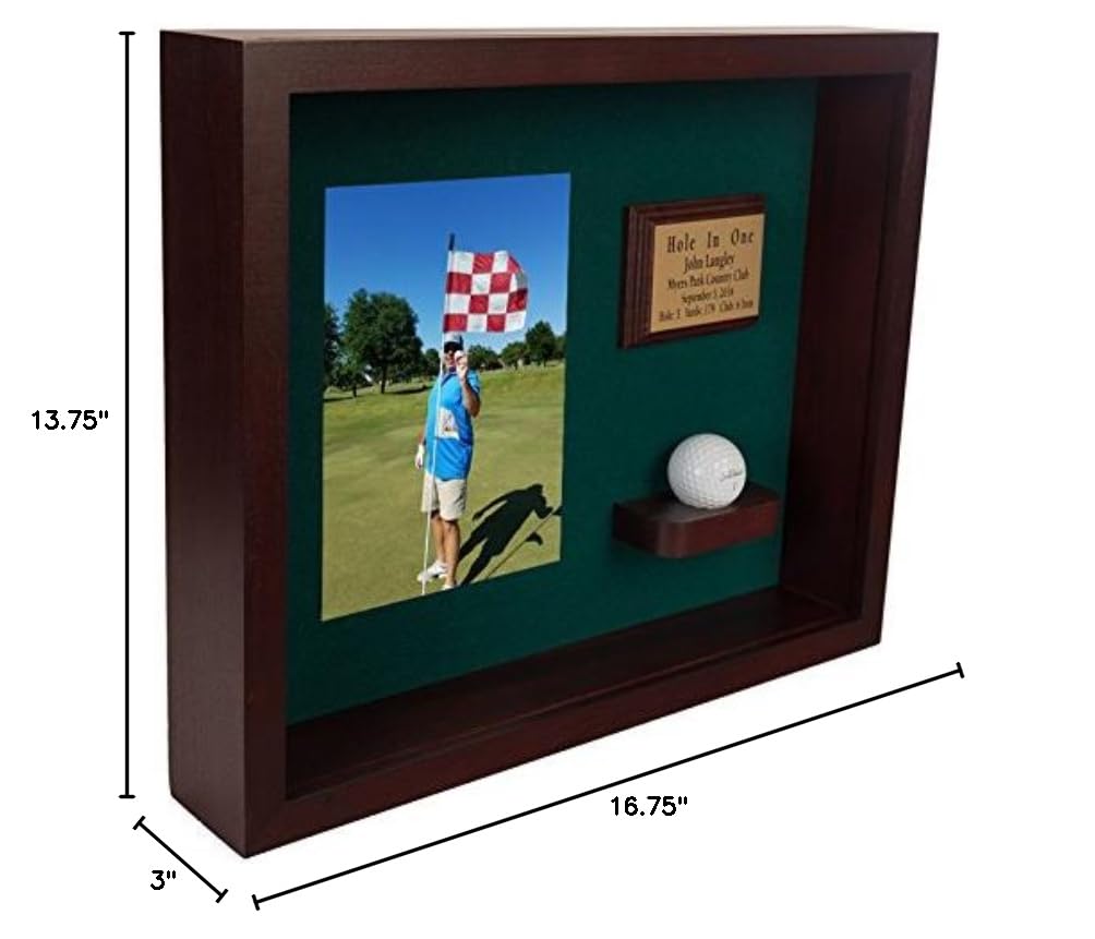 Premium Golf Ball Shadowbox Display Case - Personalized Engraved Plaque for Hole in One Memorabilia | Vertical Wall Mount Design with Cherry Finish | Holds Golf Ball, Scorecard & Photo | Perfect for Man Cave, Office Decor or Golf Lover Gift