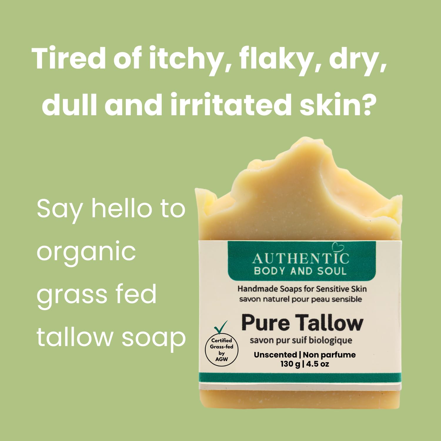 Organic Grass-Fed Beef Tallow Soap for Sensitive Skin - Unscented, Fragrance Free, 130g Each (Pack of 2) - Certified by AGW | Gentle Cleansing Bar for Face & Body, Ideal for Dry Skin, Eczema & Natural Skincare Routines
