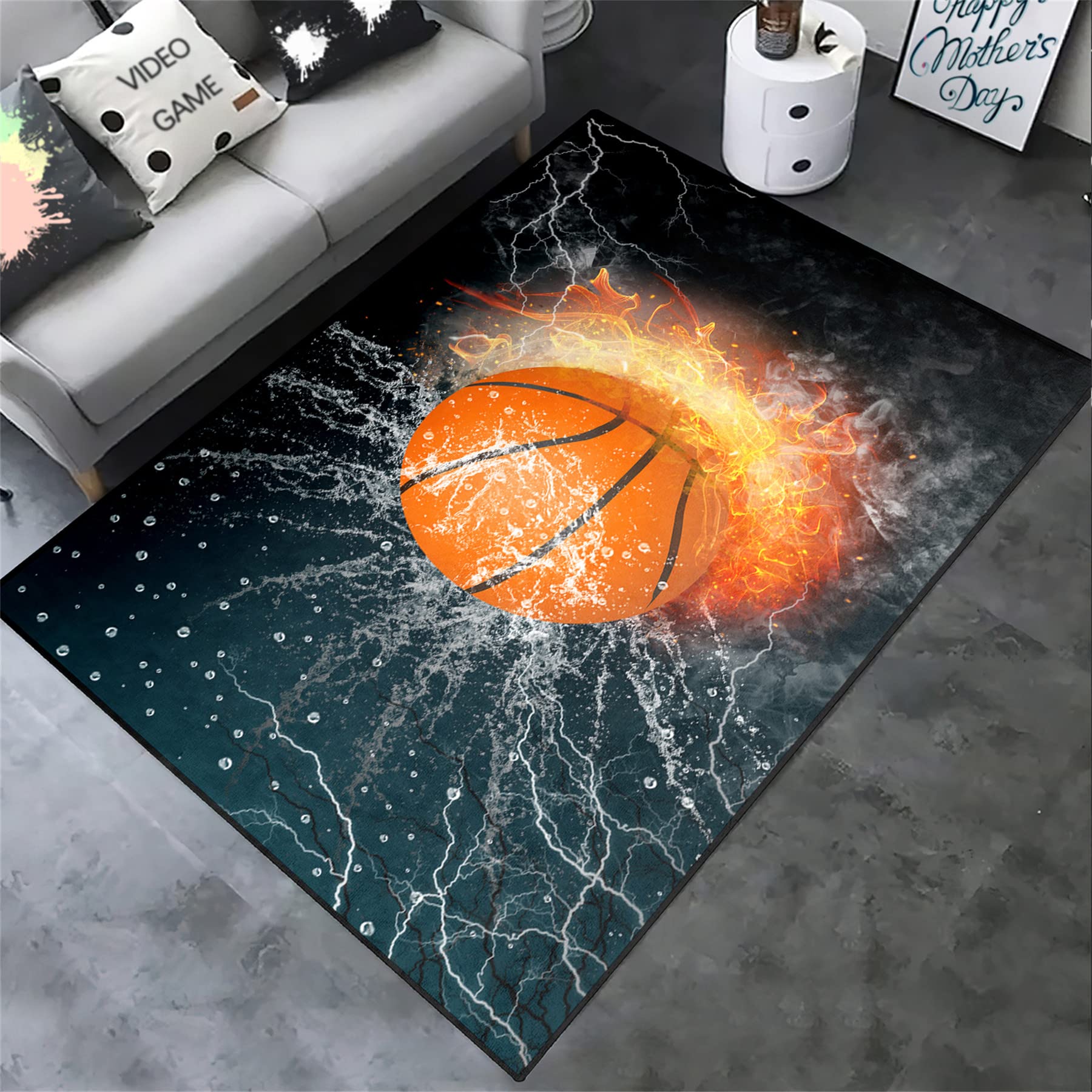 Premium Black Basketball Sports Rug - Non-Slip Playroom & Bedroom Decor for Boys - 2'5