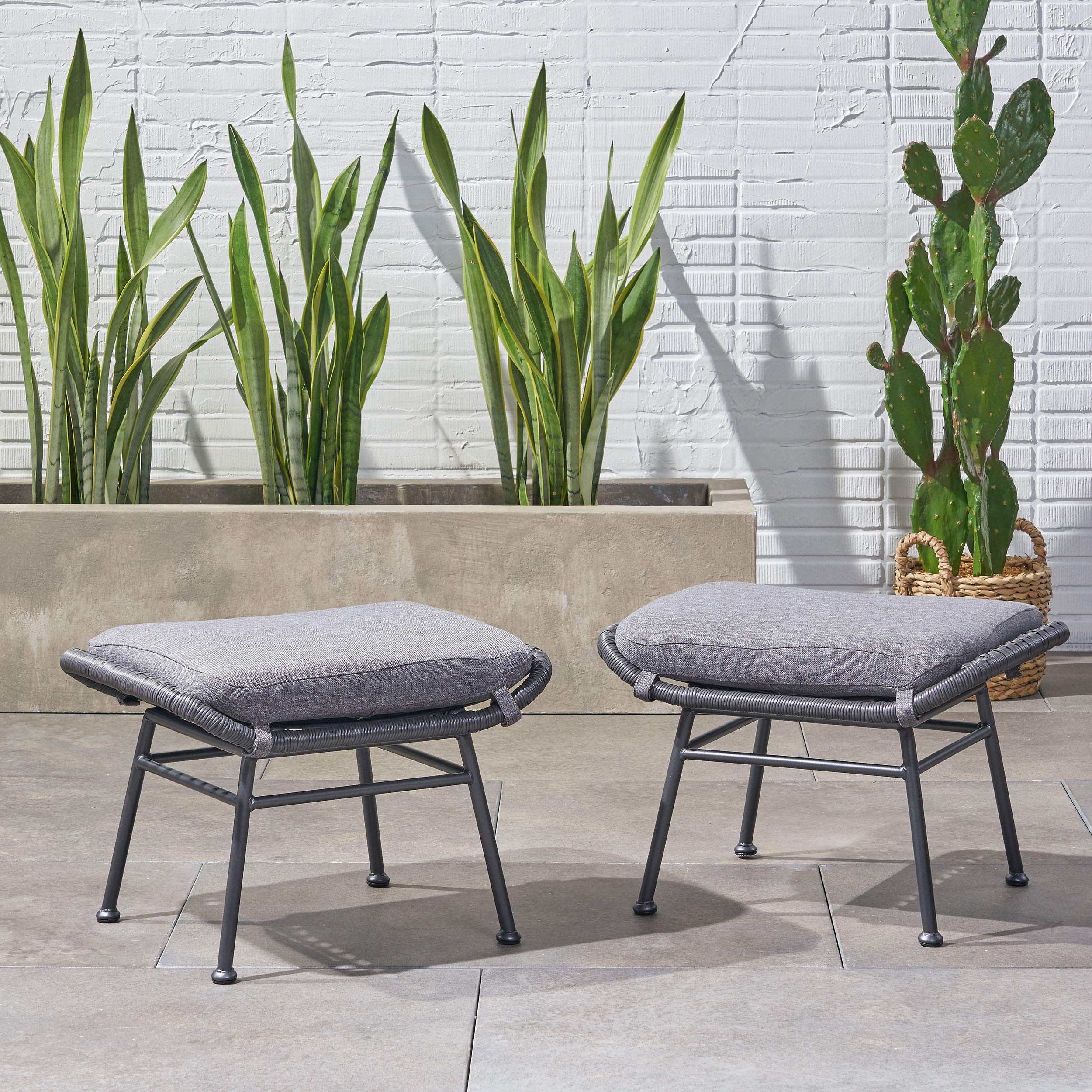 Modern Boho Wicker Ottoman Set of 2 - Gray, Dark Gray & Black - Outdoor Patio Furniture for Lounge, Garden, or Poolside Decor - GDFStudio by Great Deal Furniture