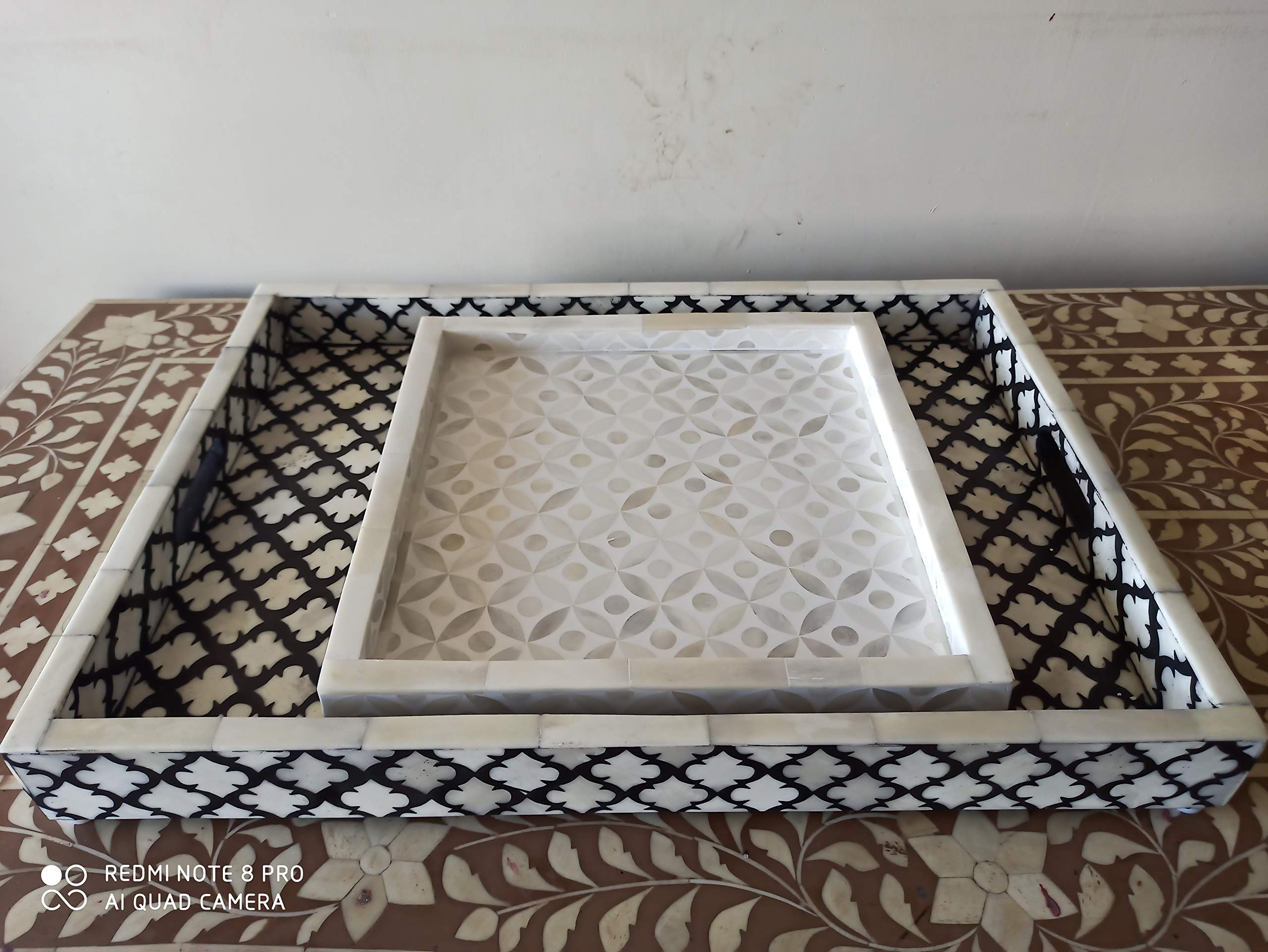 Handcrafted Antique Bone Inlay Serving Tray - White Wooden Decorative Ottoman Tray for Breakfast in Bed, Coffee Table Decor & Home Accessories | Fairdeal Handicrafts