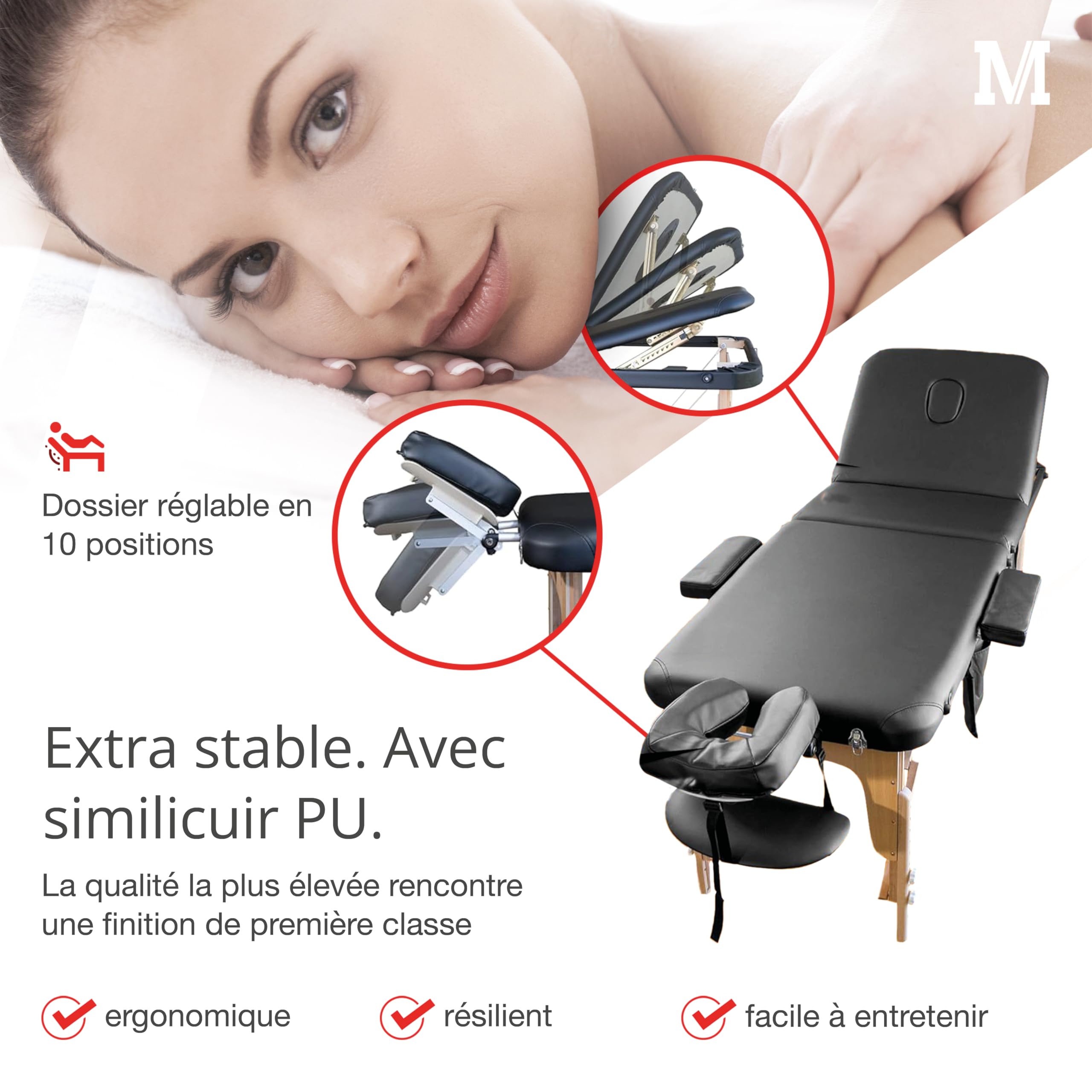 MASSUNDA All INKL Adjustable Height Folding Massage Chaise – Solid Wood Mobile Massage Table with Sponge Cover, Armrests, Backrest & Ergonomic Headrest (Black) – Perfect for Home, Spa & Professional Massage Therapy