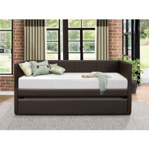 Adra Contemporary Dark Brown Trundle Bed with Storage - Modern Twin Daybed with Pull-Out Trundle for Guest Room, Small Space & Kids Bedroom