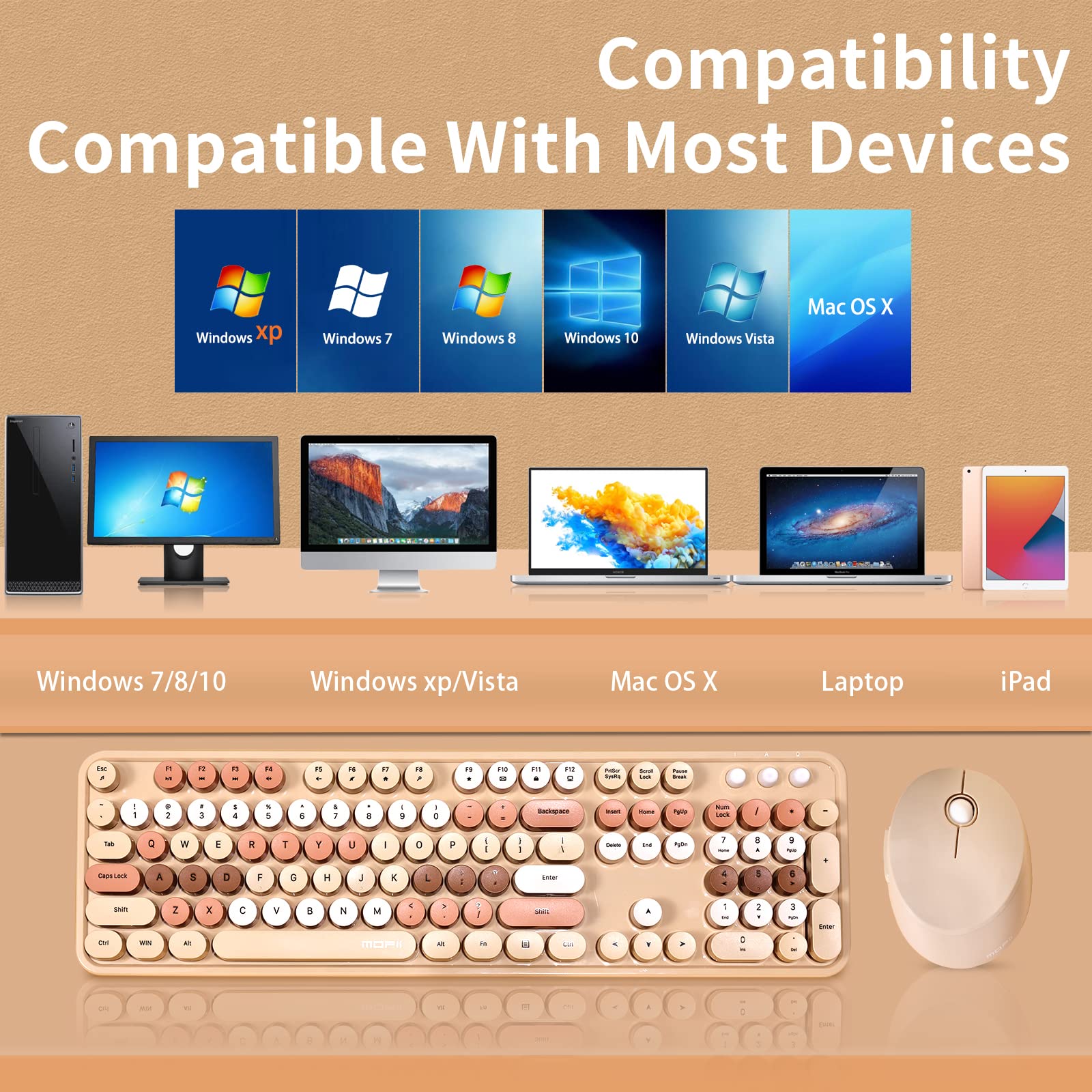 Sweet Mixed Color Ergonomic Keyboard and Mouse Combo for Computer, Laptop, PC - Cute Wireless Desktop Set for Home Office & Gaming