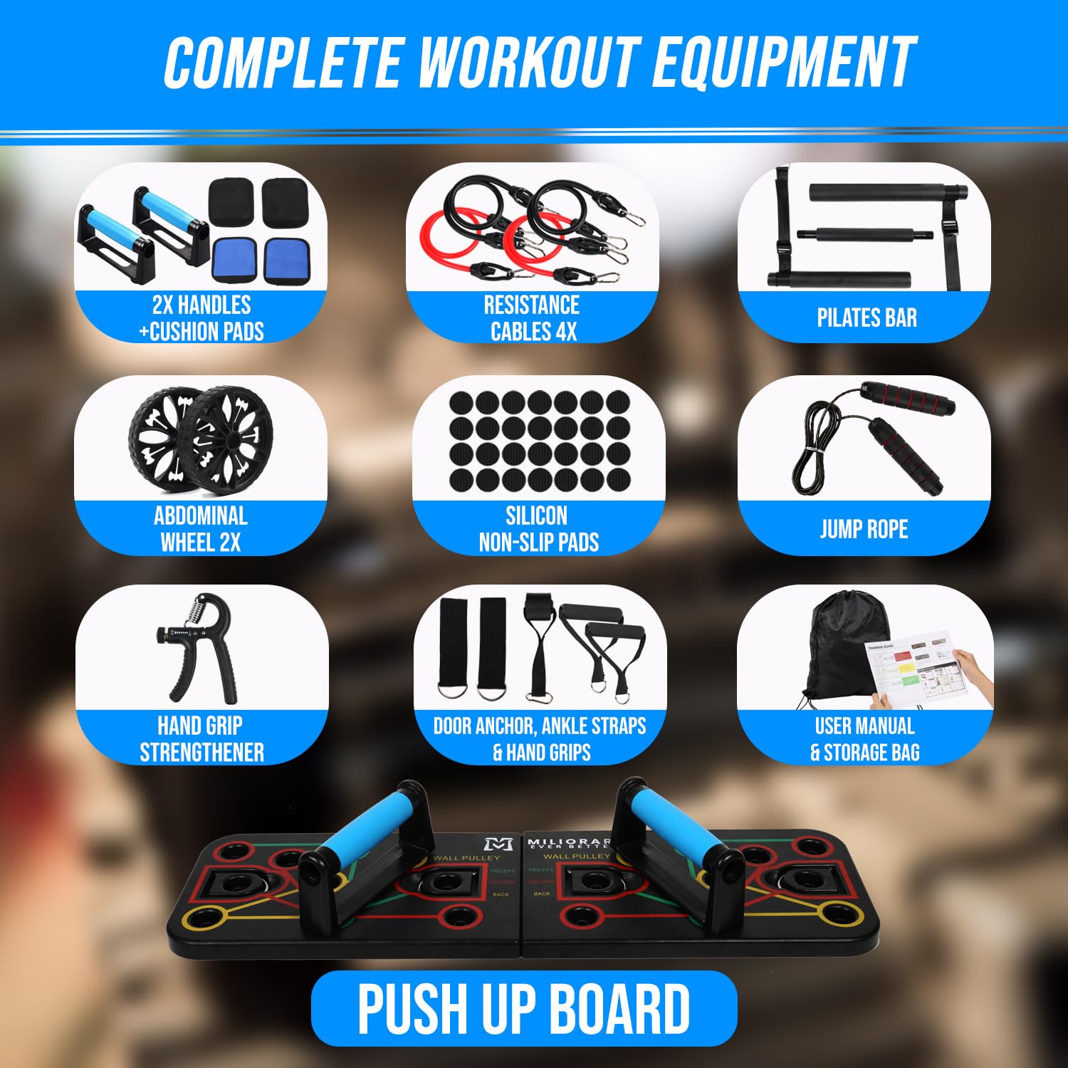 Miliorari Push Up Board with Resistance Bands & Ab Roller - Home Gym Equipment for Full Body Workout - Perfect for Men & Women - Great Gift for Boyfriend - Ideal for Home Fitness, Strength Training and Muscle Building