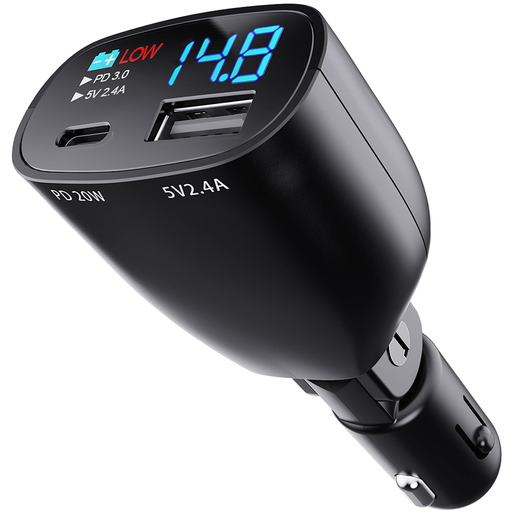 20W USB C Car Charger Adapter with Voltage Display - Fast Charging PD & QC 3.0 Compatible with iPhone 15/14/13, Samsung Galaxy S23/S22 - Dual Port Cigarette Lighter Charger with Battery Monitor for Road Trips & Daily Commute
