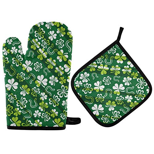 St. Patrick's Day Green Shamrock Horseshoe Oven Mitts & Pot Holders Set - 2Pcs Heat Resistant Kitchen Gloves for Baking, Cooking, Grilling, BBQ - Perfect Holiday Kitchen Decor & Gift for Irish-Themed Parties