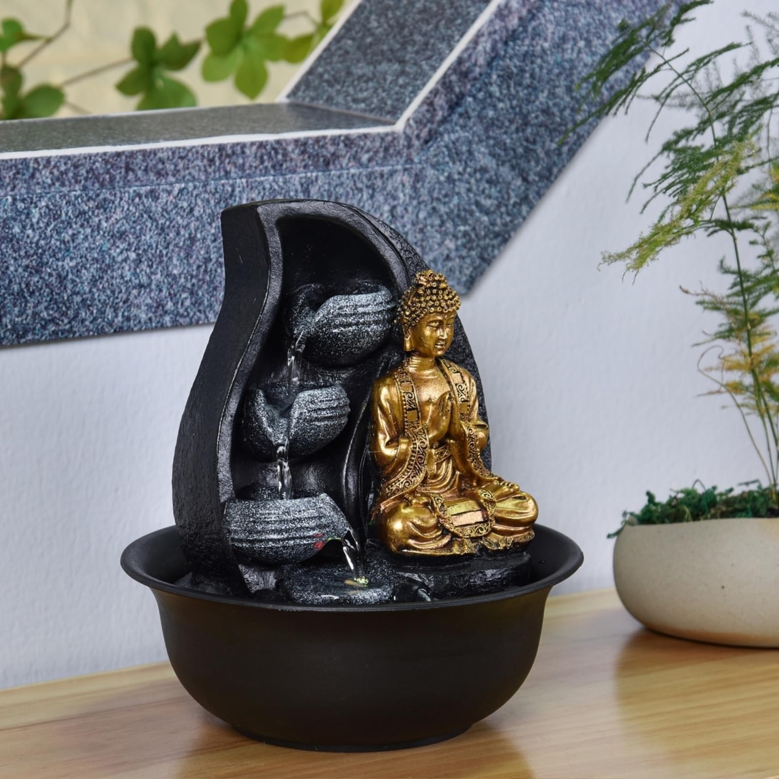 Zen Light Praya - Indoor Water Fountain with LED Lights and Pump, Resin Golden Fountain for Home Decor, Office Relaxation & Meditation Space