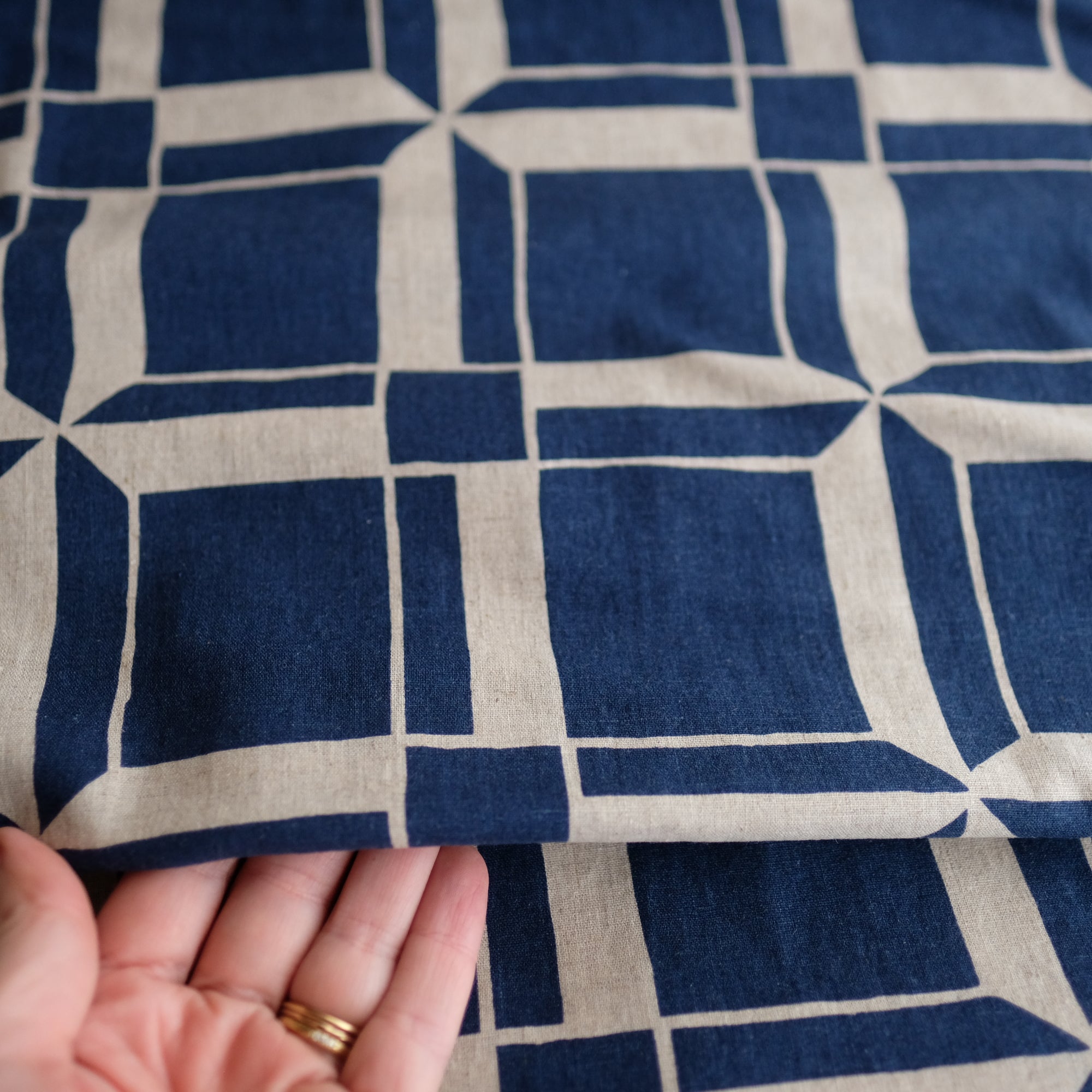 Blue Square printed onto Unbleached Fabric
