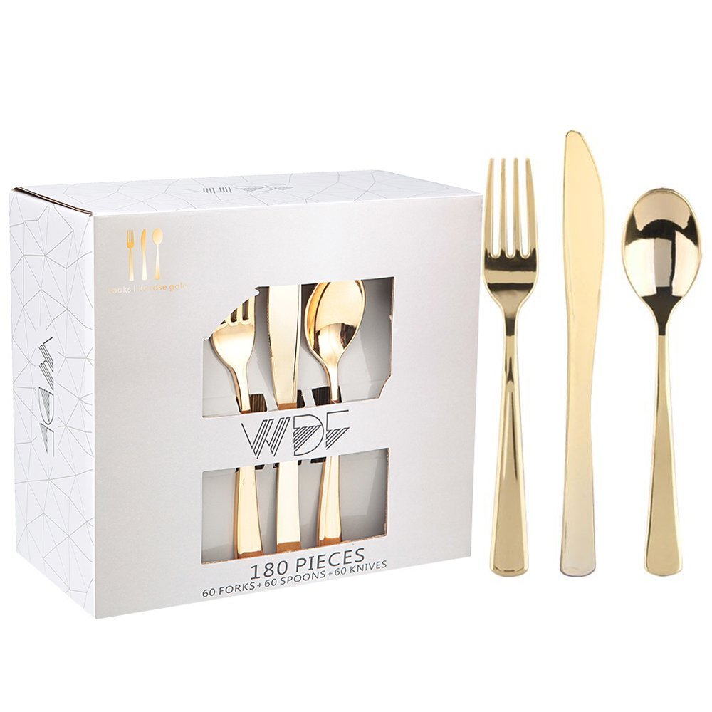 180-Piece Disposable Gold Plastic Cutlery Set - Heavy Duty Gold Silverware (60 Forks, 60 Knives, 60 Spoons) for Parties, Weddings, Catering & Outdoor Events - Elegant Plastic Flatware for Special Occasions