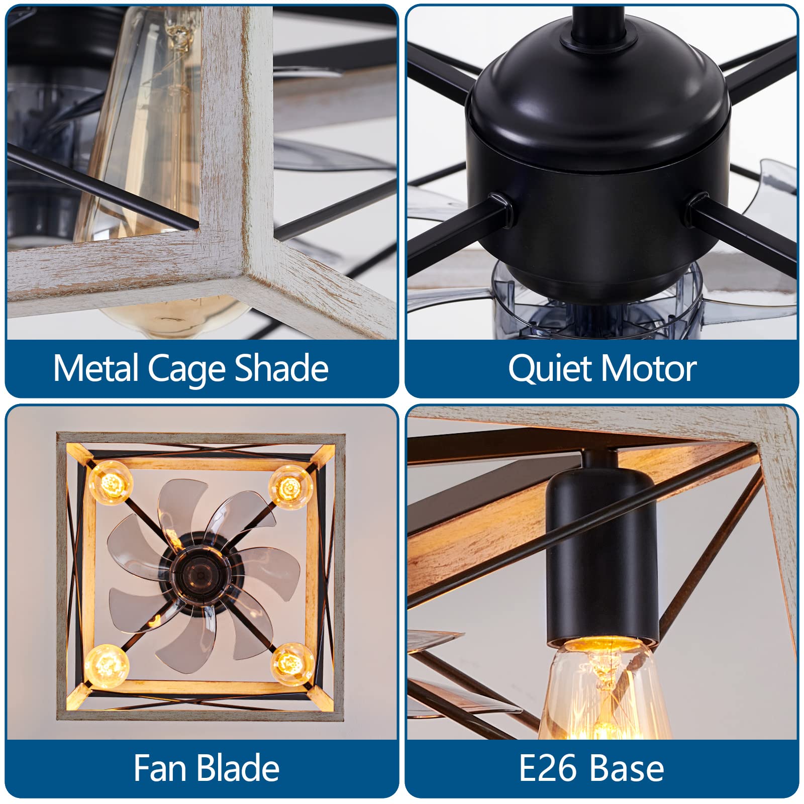 Rustic 4-Light Caged Bladeless Ceiling Fan with Remote - Farmhouse Style Indoor Fan with LED Lights for Living Room, Bedroom & Kitchen - Perfect for Home, Office and Patio Decor