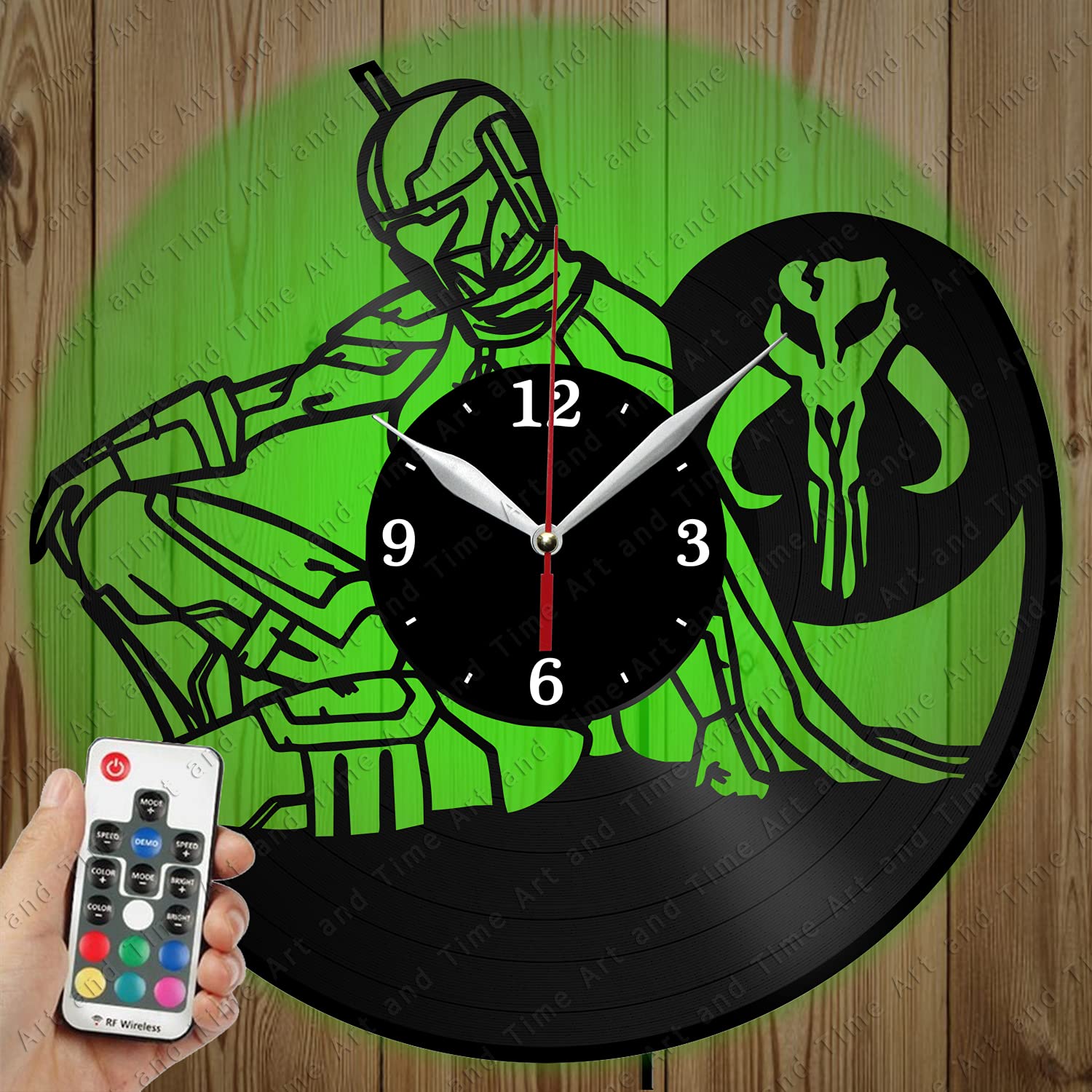 Custom LED Vinyl Record Wall Clock - Mandalorian Themed Light-Up Home Decor - Personalized Gift for Star Wars Fans - Bedroom/Office/Living Room Wall Art