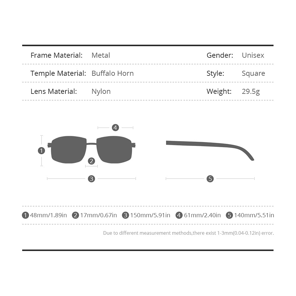 Authentic 100% Buffalo Horn Sunglasses for Men - Rimless Square Frame UV Protection - Stylish & Durable for Outdoor Activities, Driving & Fashion