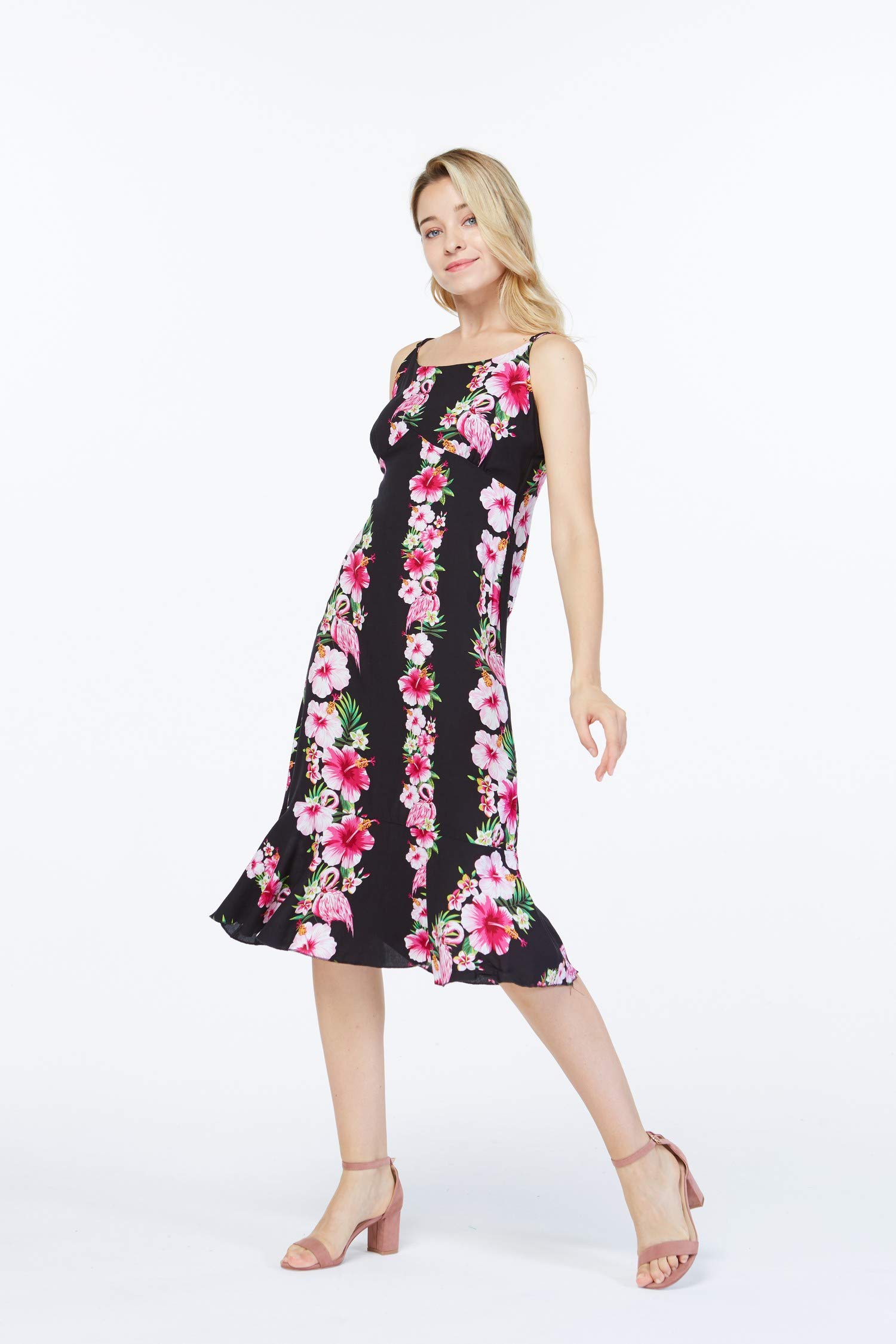 Hawaiian Mermaid Ruffle Dress for Women - Pink & Black Hibiscus Vine Print - Tropical Beach Party, Vacation, Summer Outfit