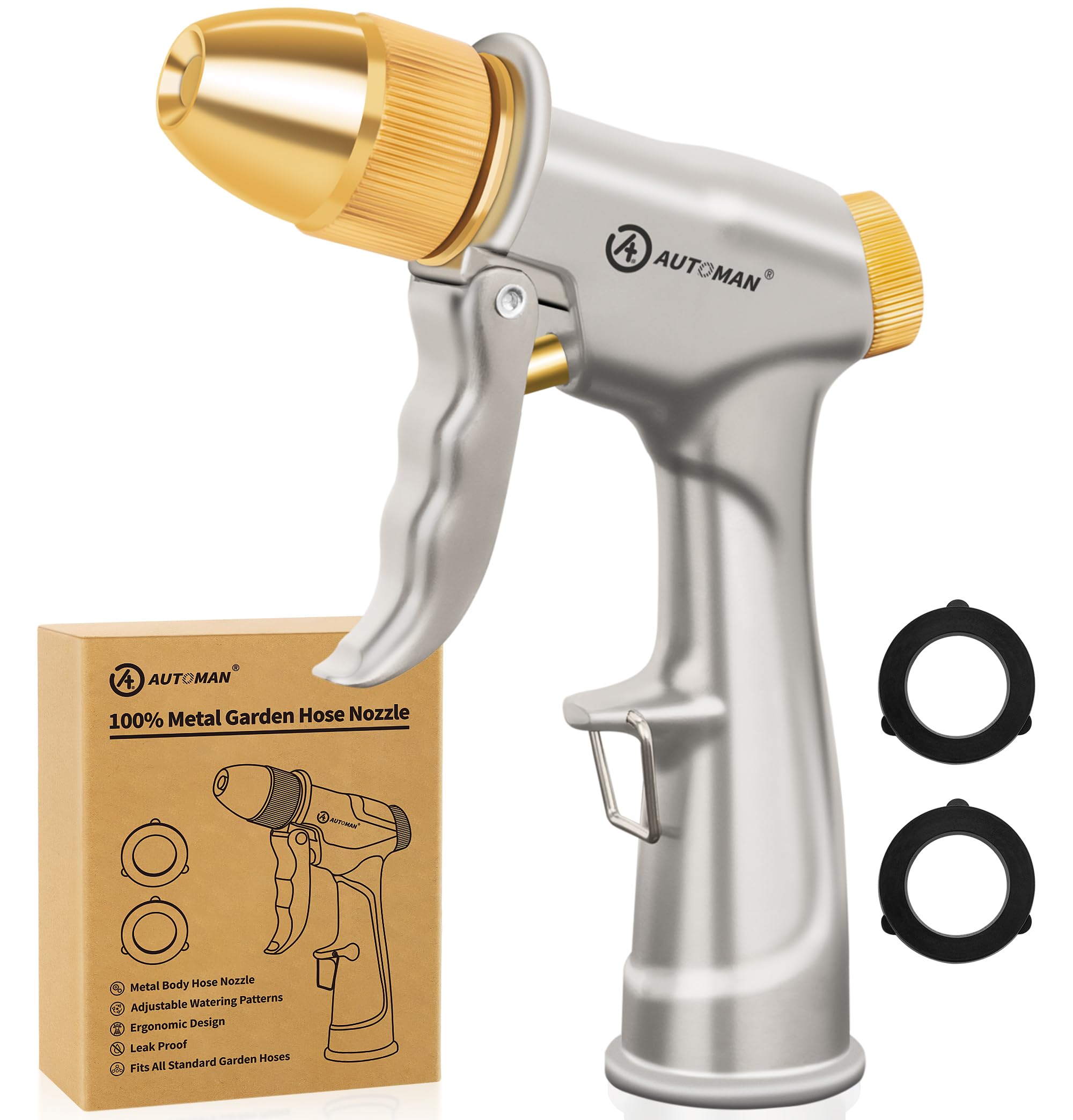 AUTOMAN Heavy Duty Metal Garden Hose Nozzle Sprayer - High Pressure Water Spray Nozzle with 4 Adjustable Patterns - Perfect for Watering Plants, Lawn Care, Car Washing & Pet Grooming - Ideal for Home Gardening, Outdoor Cleaning and Backyard Maintenance