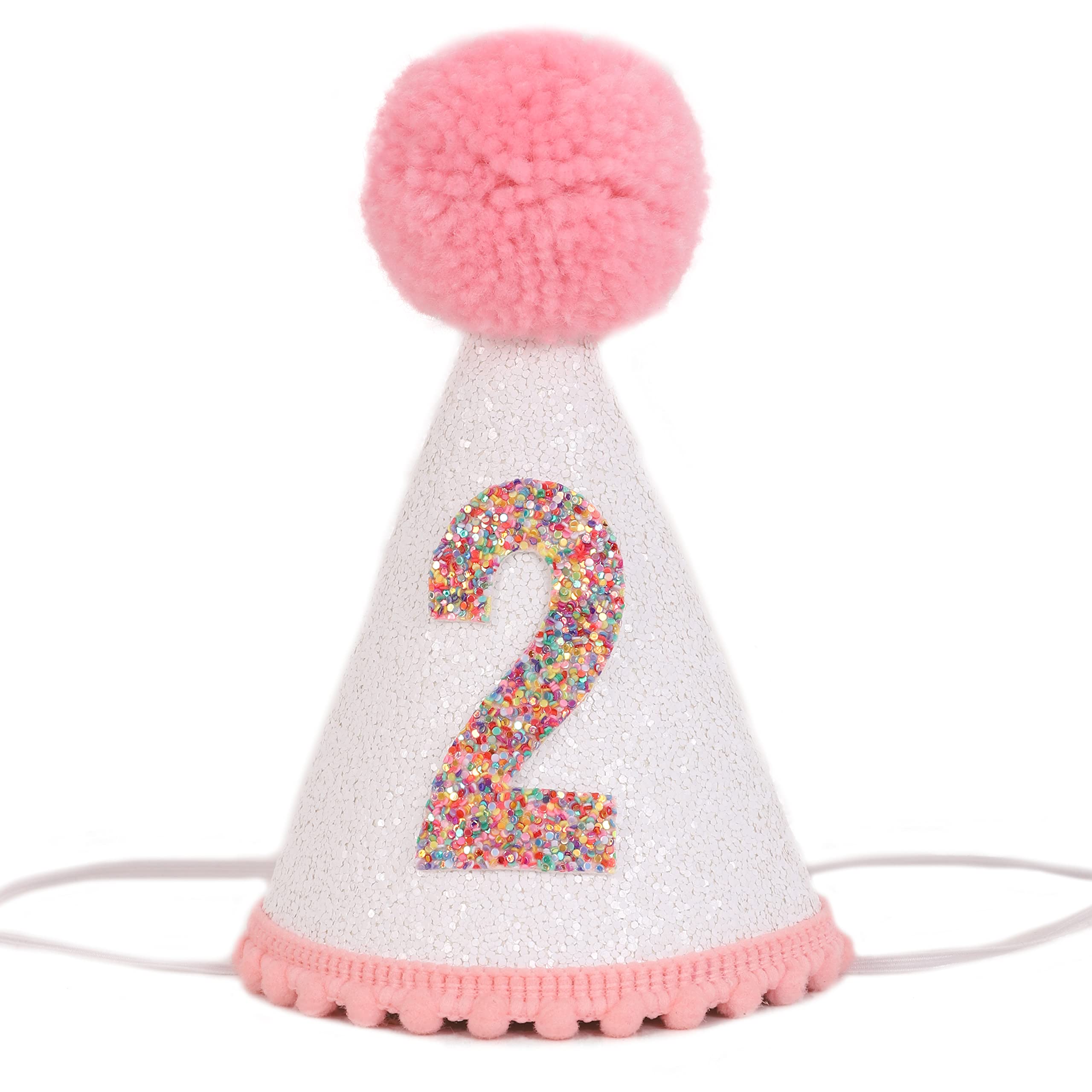 Sparkly Pink Glitter Birthday Hat for Girls with Pom Topper - Cute Party Accessories for Birthday Celebrations, Photo Booths & Princess Themed Events