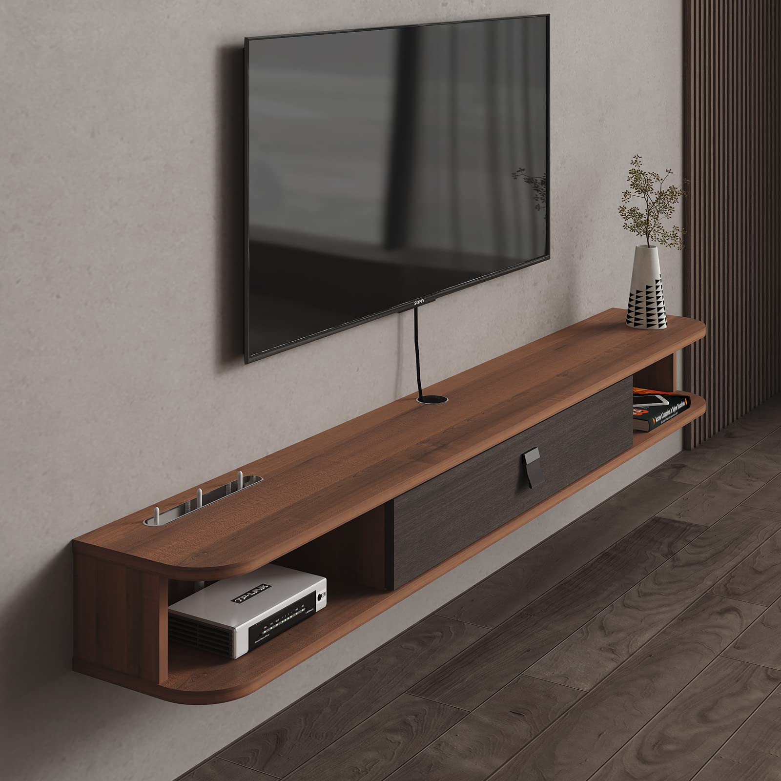 Floating TV Stand 70 Inch - Wall Mounted TV Shelf Console with Storage, Modern Walnut Entertainment Center for Living Room & Bedroom - Perfect for TVs, Gaming Consoles, and Media Storage