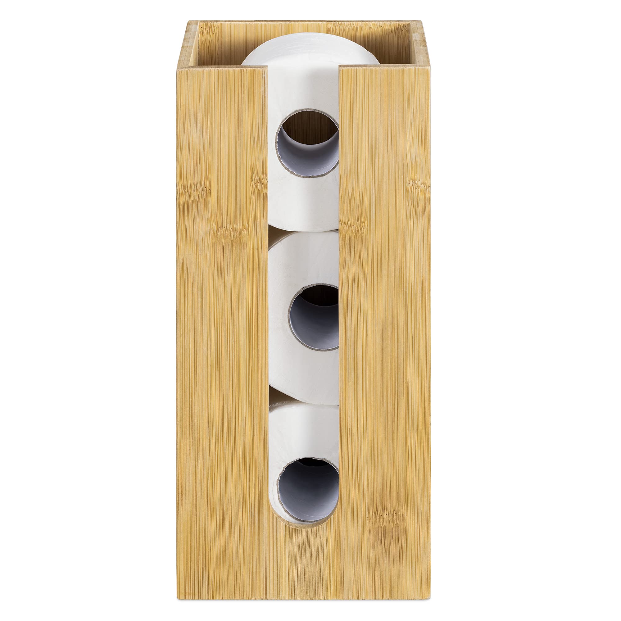 Navaris Bamboo Toilet Paper Storage Stand - Free Standing Narrow Toilet Paper Holder Tower Organizer for Bathroom & Restroom - Holds 3 Rolls - Space Saving Bathroom Storage Solution for Small Spaces & Apartments