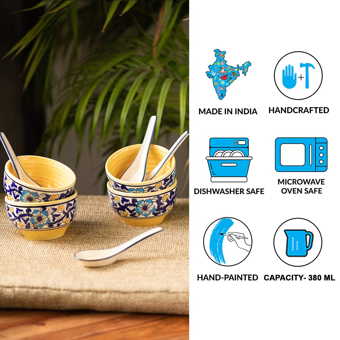 Handpainted Ceramic Soup Bowl Set with Spoon - 4 Piece 380ml Microwave & Dishwasher Safe - 'Badamwari Bagheecha' Floral Design for Soup, Cereal, Pasta - Elegant Tableware for Home Dining & Gifts