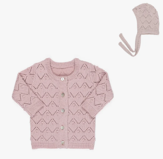 KIPP Chunky Knit Cardigan & Bonnet Set for Babies (3M, 6M) - Soft Winter Outfit for Newborn Photoshoots & Family Gatherings