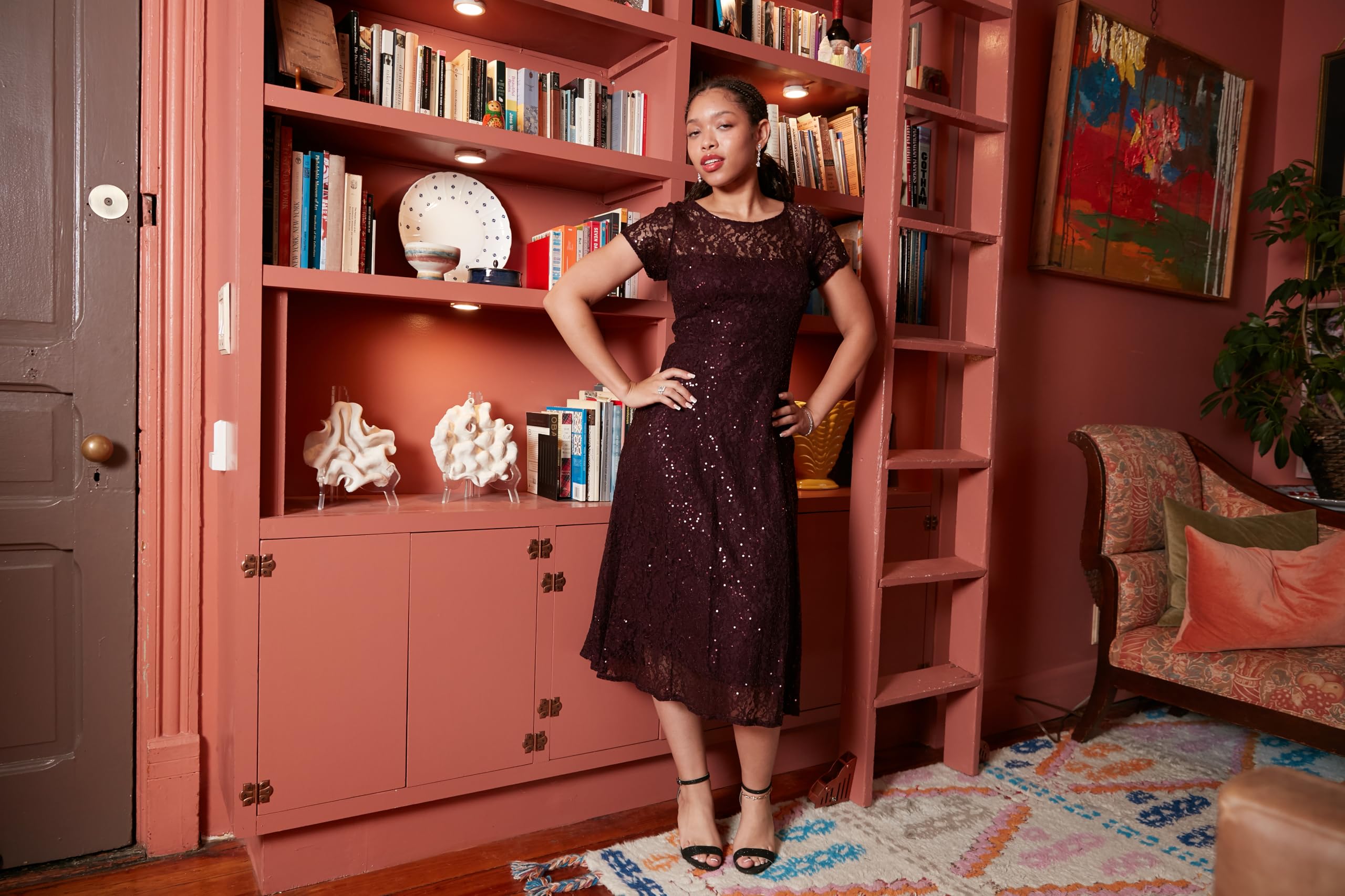 Elegant Sequin & Lace Short Sleeve Tea-Length Mother of the Bride Dress for Women - Petite & Regular Sizes | Perfect for Weddings, Formal Events & Special Occasions