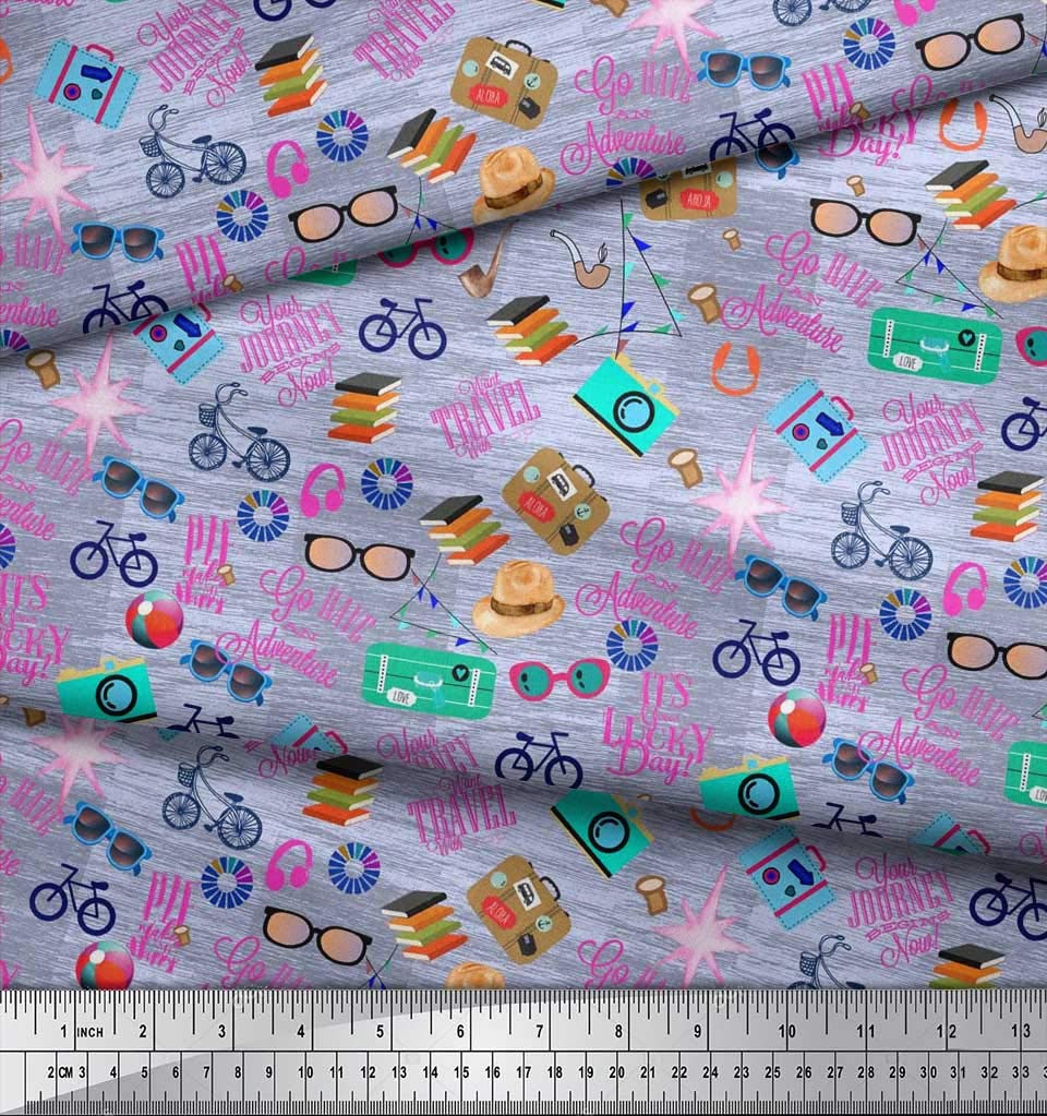 Soimoi Blue Polyester Crepe Fabric by The Yard - 42 Inch Wide Premium Textile for Camera Bags, Hats, Briefcases - Travel & Adventure Themed Printed Fabric for DIY Fashion, Home Decor & Craft Projects - Perfect for Sewing Dresses, Scarves, Curtains & Travel Accessories