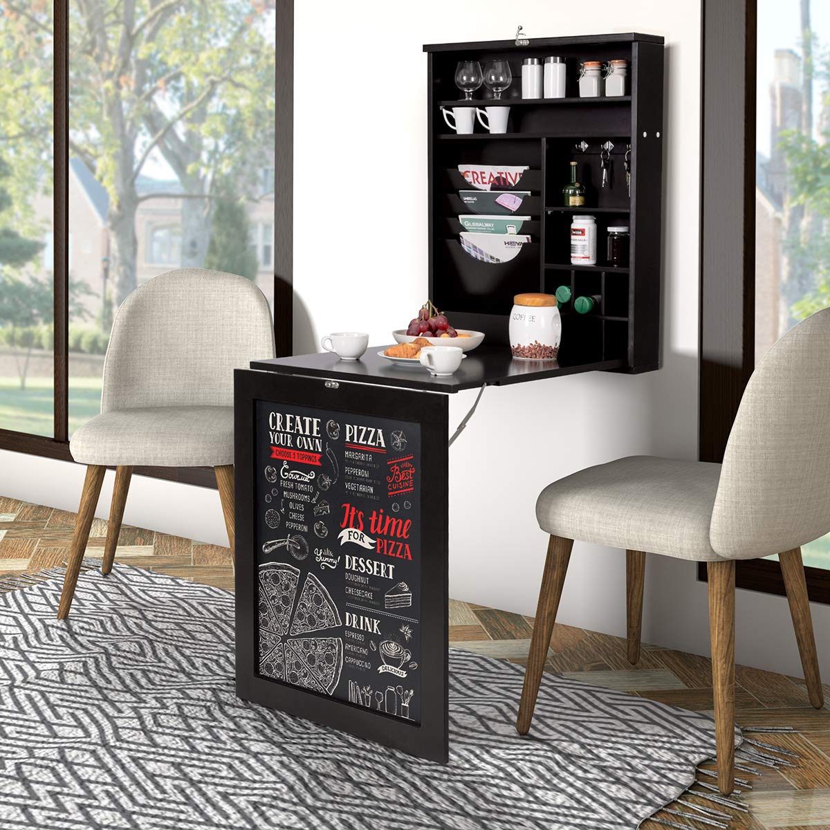 Tangkula Wall Mounted Folding Desk with Chalkboard - Convertible Laptop & Writing Table for Home Office - Space Saving Multi-Functional Wall Desk with Large Storage Shelf (Perfect for Small Spaces, Dorm Rooms & Studio Apartments)