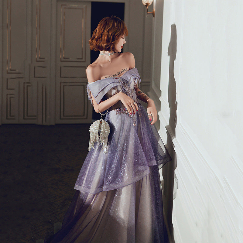 Elegant Off Shoulder Shiny Purple Prom Dress for Sweet 16 | A-Line Party Gown with Sparkle Details | Perfect for Homecoming, Quinceañera & Evening Events - Style 712
