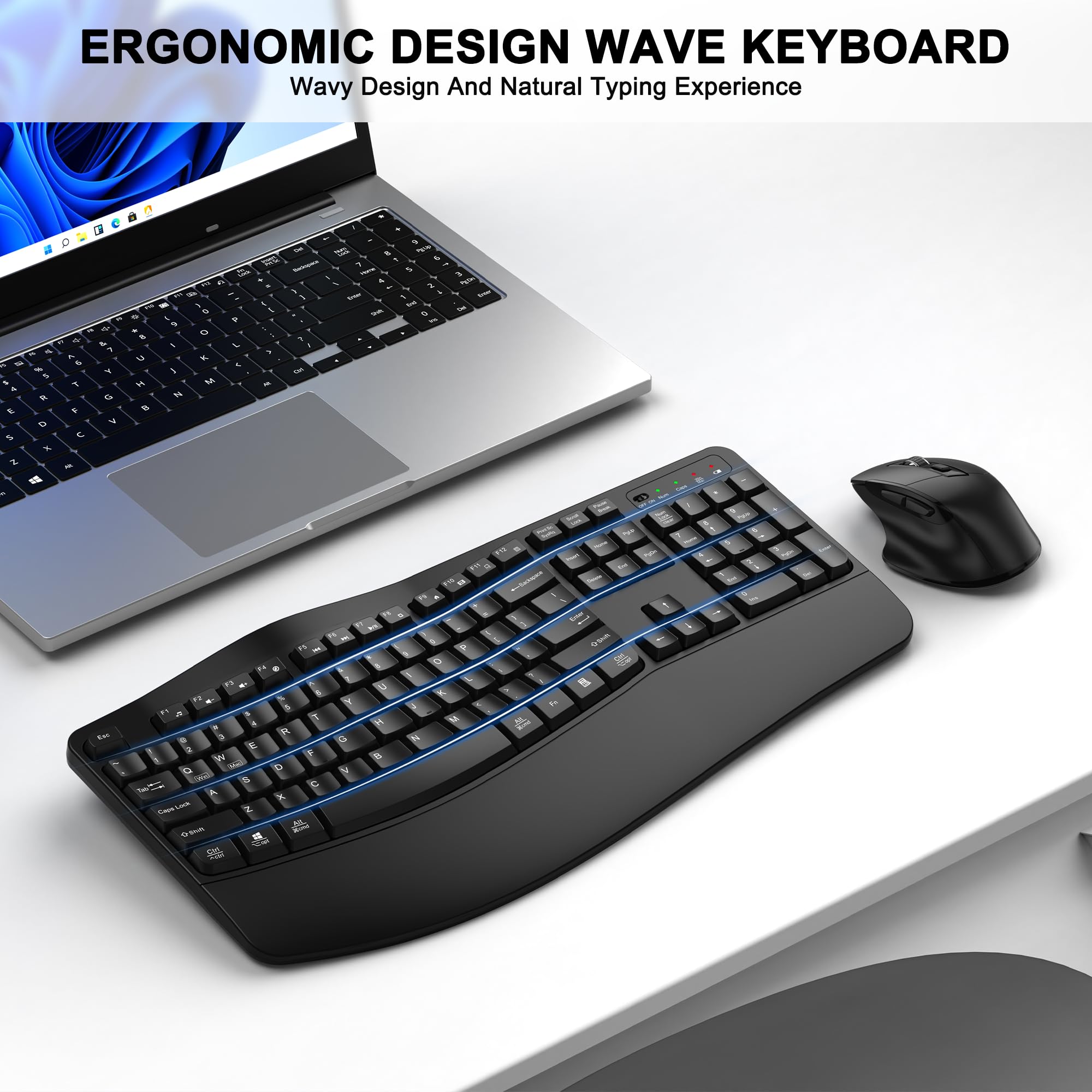 2.4G Wireless Keyboard and Mouse Combo - Ergonomic Full-Size Wave Keyboard with Wrist Rest & 3-Level DPI Adjustable Mouse for Windows/Mac - Perfect for Office, Home, Gaming on Desktop, Laptop, PC (Black)
