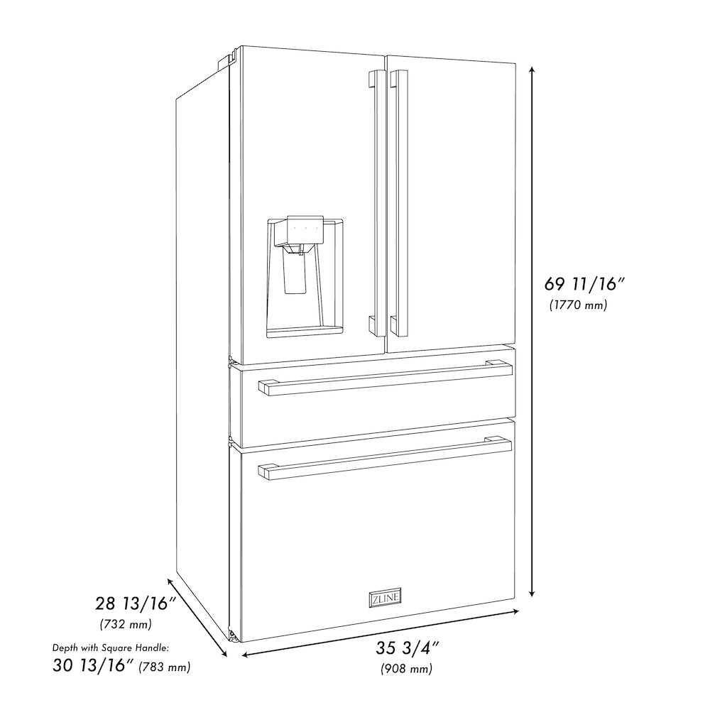 ZLINE Autograph Edition 36 Inch Counter Depth French Door Refrigerator - 21.6 cu ft Capacity, Fingerprint Resistant Black Stainless Steel with Champagne Bronze Handles, Built-in Water and Ice Dispenser | Perfect for Modern Kitchens, Open Concept Homes & Entertaining Spaces (Model RFMZ W36 BS FCB)