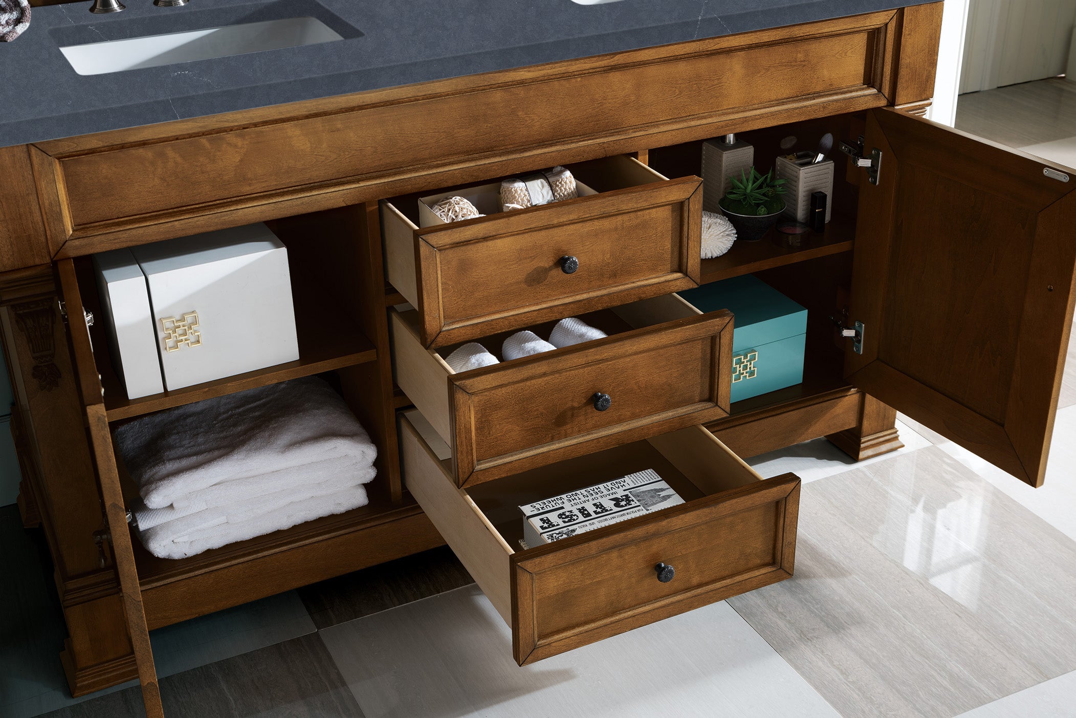 Brookfield 60-Inch Double Bathroom Vanity with Country Oak Finish & 3CM Charcoal Soapstone Quartz Countertop - Perfect for Master Bathroom or Guest Bath Remodel