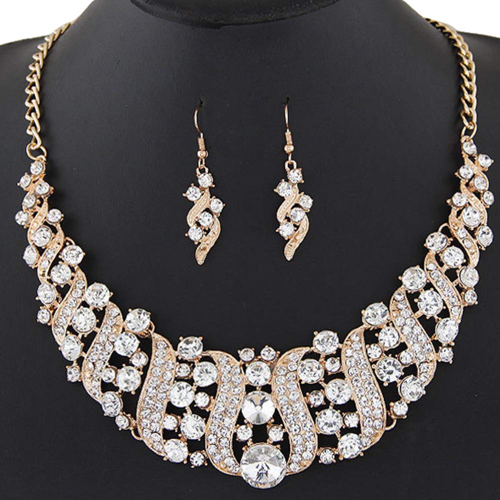 Fashion Jewelry Set for Women - Rhinestone Spiral Bib Necklace & Hook Earrings - Elegant Statement Party Accessories - Perfect for Evening Events, Weddings, and Special Occasions