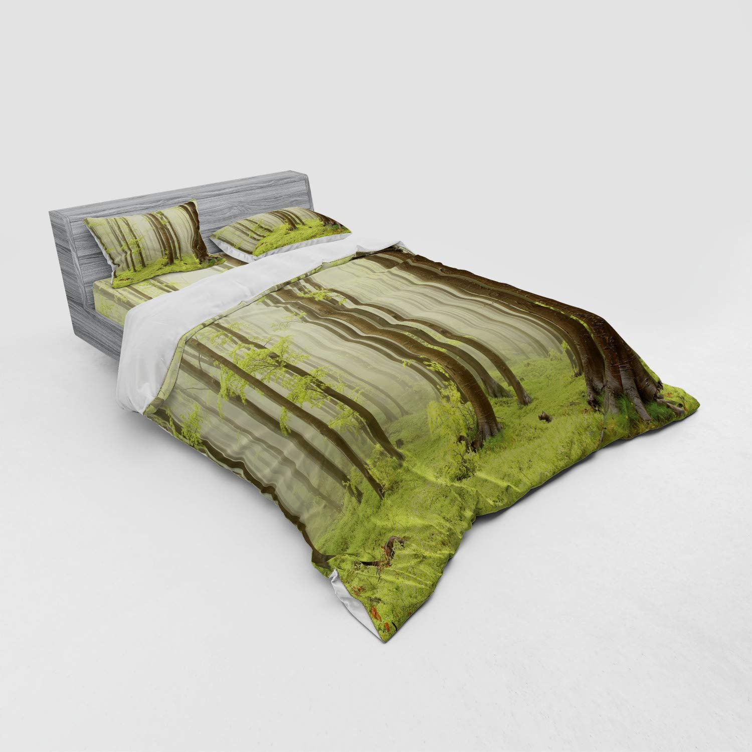 Ambesonne Woodland Duvet Cover Set - Misty Springtime Beech Forest Photography from Central European Mountains | 4-Piece Queen Size Bedding Set with Shams & Fitted Sheet in Brown & Green | Perfect for Nature-Themed Bedrooms, Cozy Cabins & Rustic Home Decor