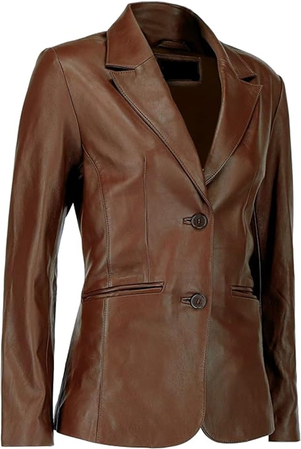 Women's Two Button Genuine Leather Blazer Jacket - Long Sleeve Casual Suit-Style Coat for Office & Business Wear (Large, Brown) - Perfect for Work, Meetings & Formal Events