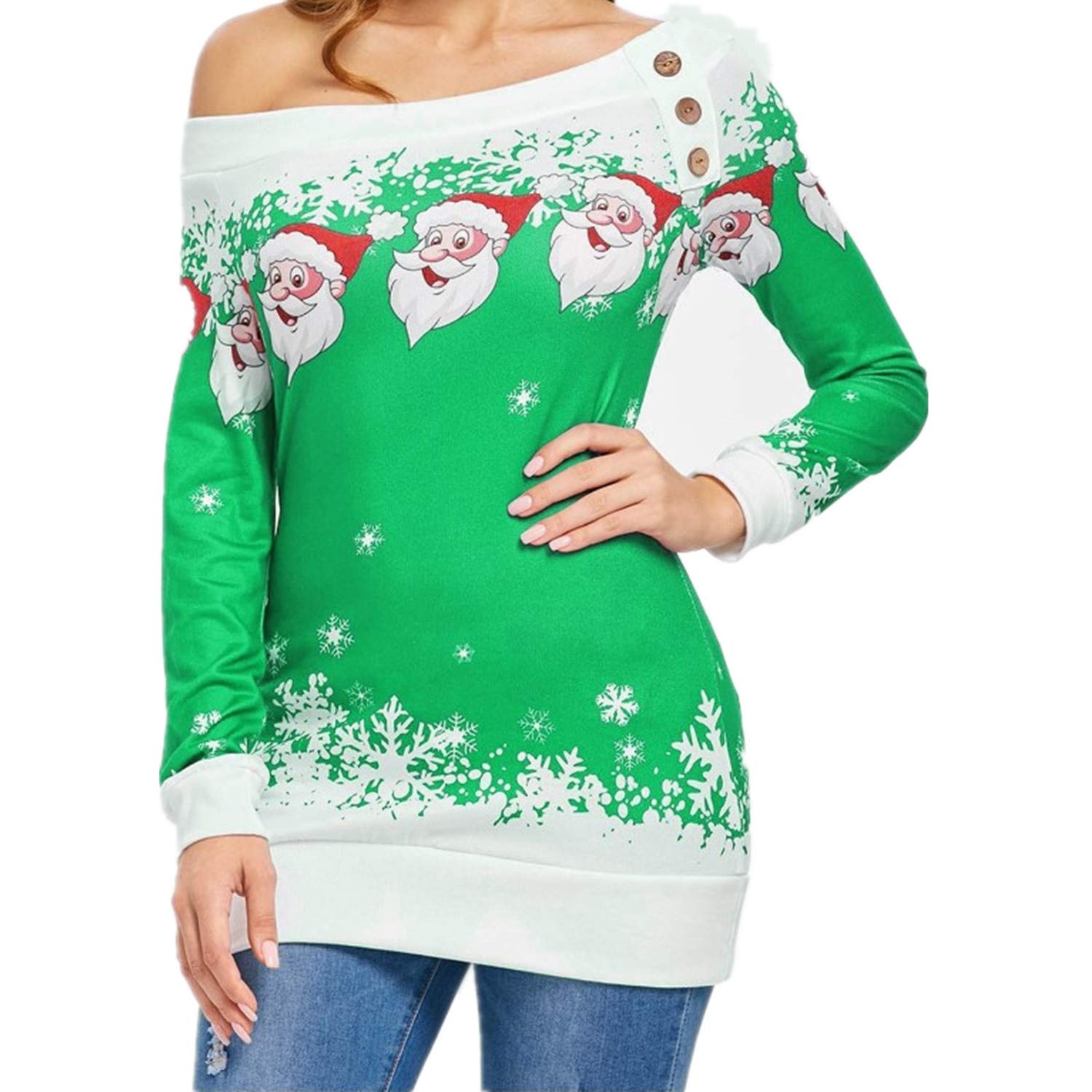 Women's Off-Shoulder Red Christmas Sweater with Santa Claus & Snowflake Print - Ugly Xmas Party Top (Size M, Green) | Holiday Gift, Family Gathering, Office Party Outfit