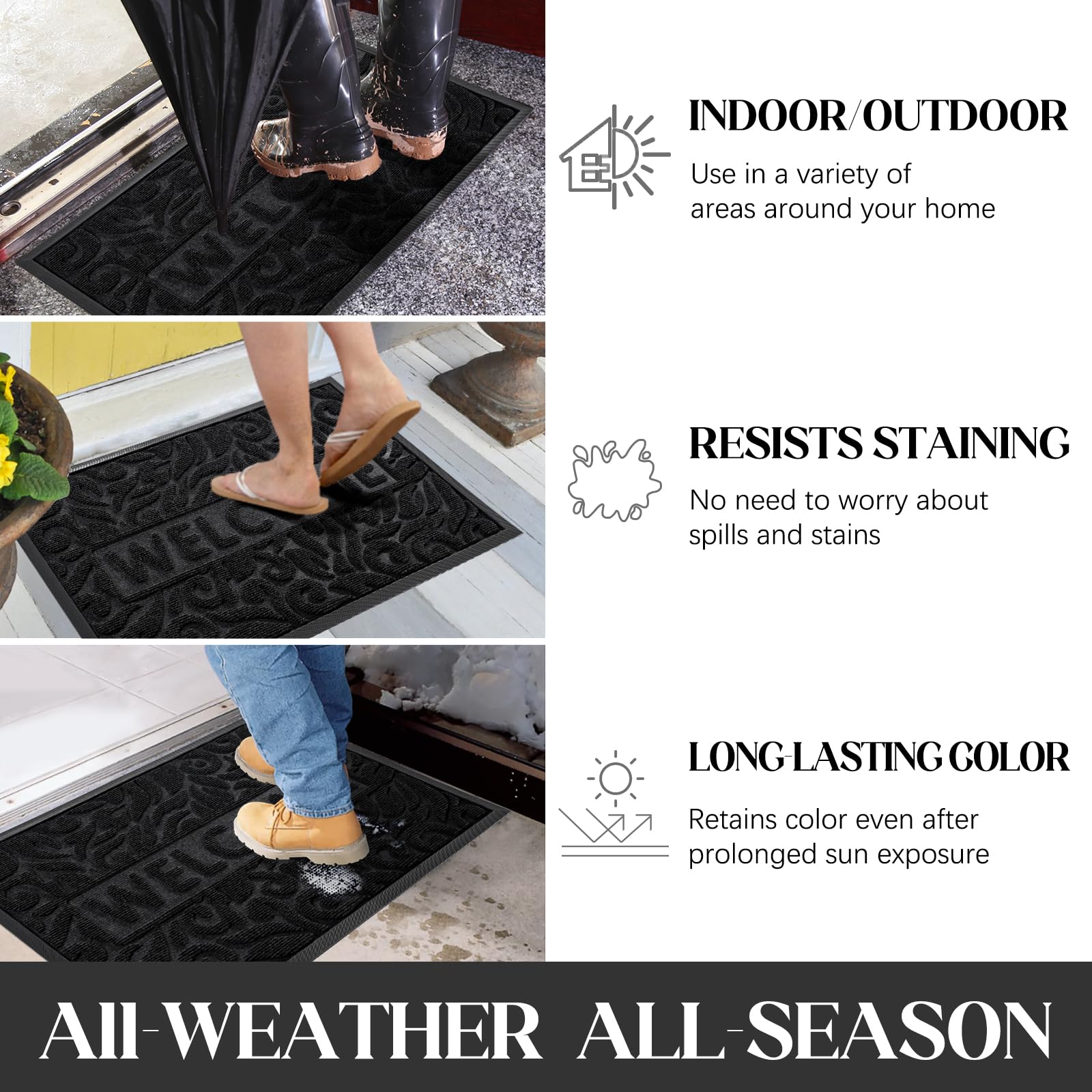 Yimobra Non-Slip Welcome Mat - 29.5x17 Inch Waterproof Outdoor Doormat for All-Weather Use - Durable Front Door Mat for Entrance, Porch, Patio & Indoor Entryway - Perfect for High-Traffic Areas (Black)
