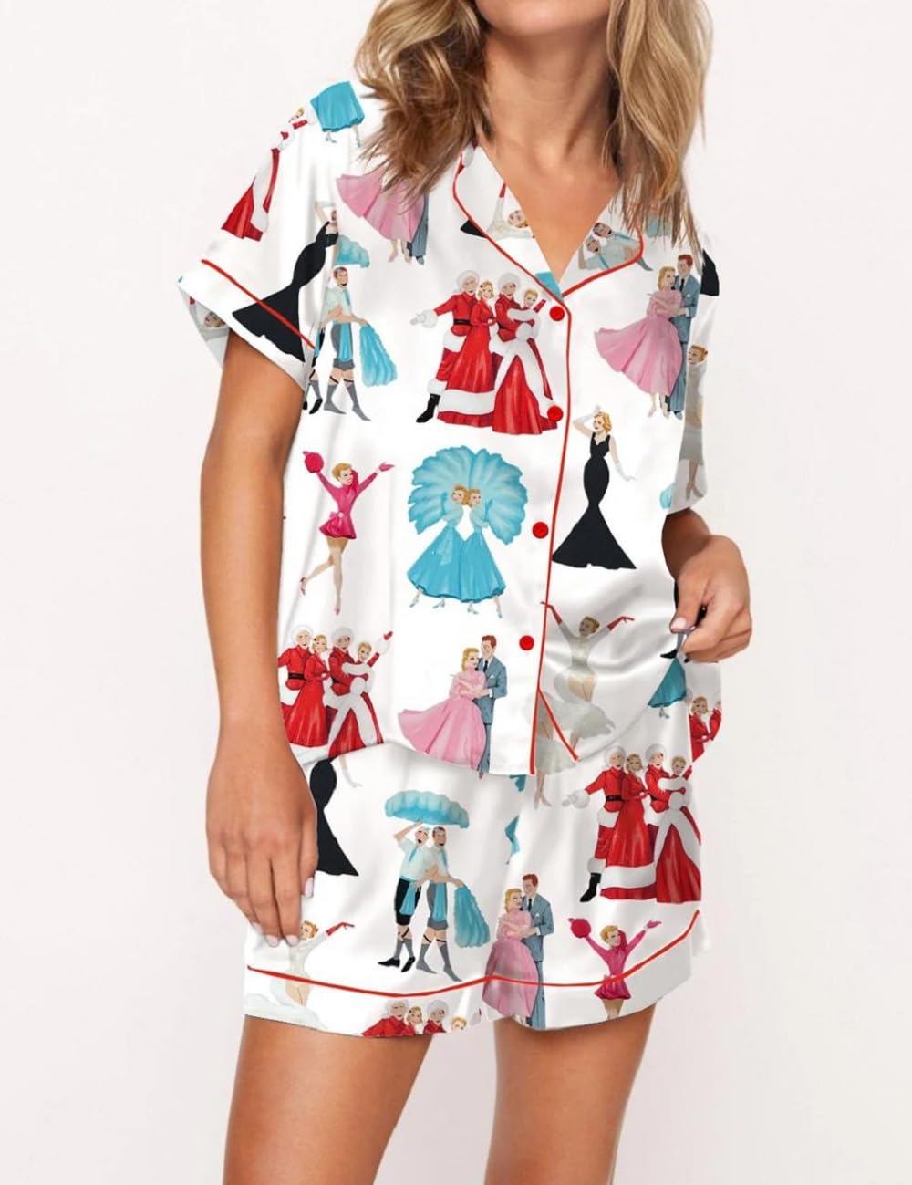 Juakoso Women's Christmas Pajama Set - Trendy Holiday Print Button Down Lounge Wear - Soft Silk Satin 2 Piece Sleepwear - Y2K Style Pajamas for Cozy Nights & Festive Family Gatherings
