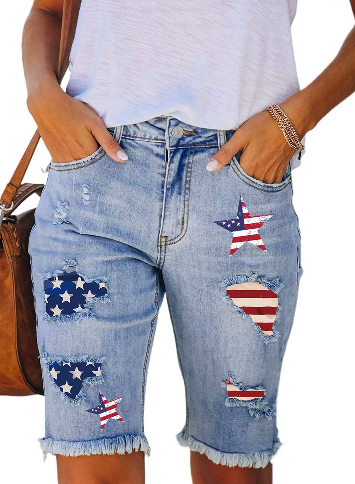 Sidefeel Women's Distressed Denim Bermuda Shorts with Raw Hem - Casual Summer Shorts for Beach, Travel & Everyday Wear