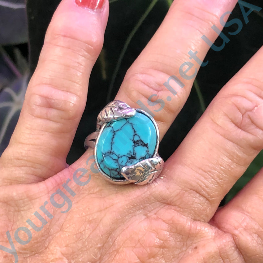 Sterling Silver Double Leaf Spider Web Turquoise Ring - Size 10 - Boho Chic Jewelry for Women - Perfect for Halloween, Gothic Fashion & Everyday Wear