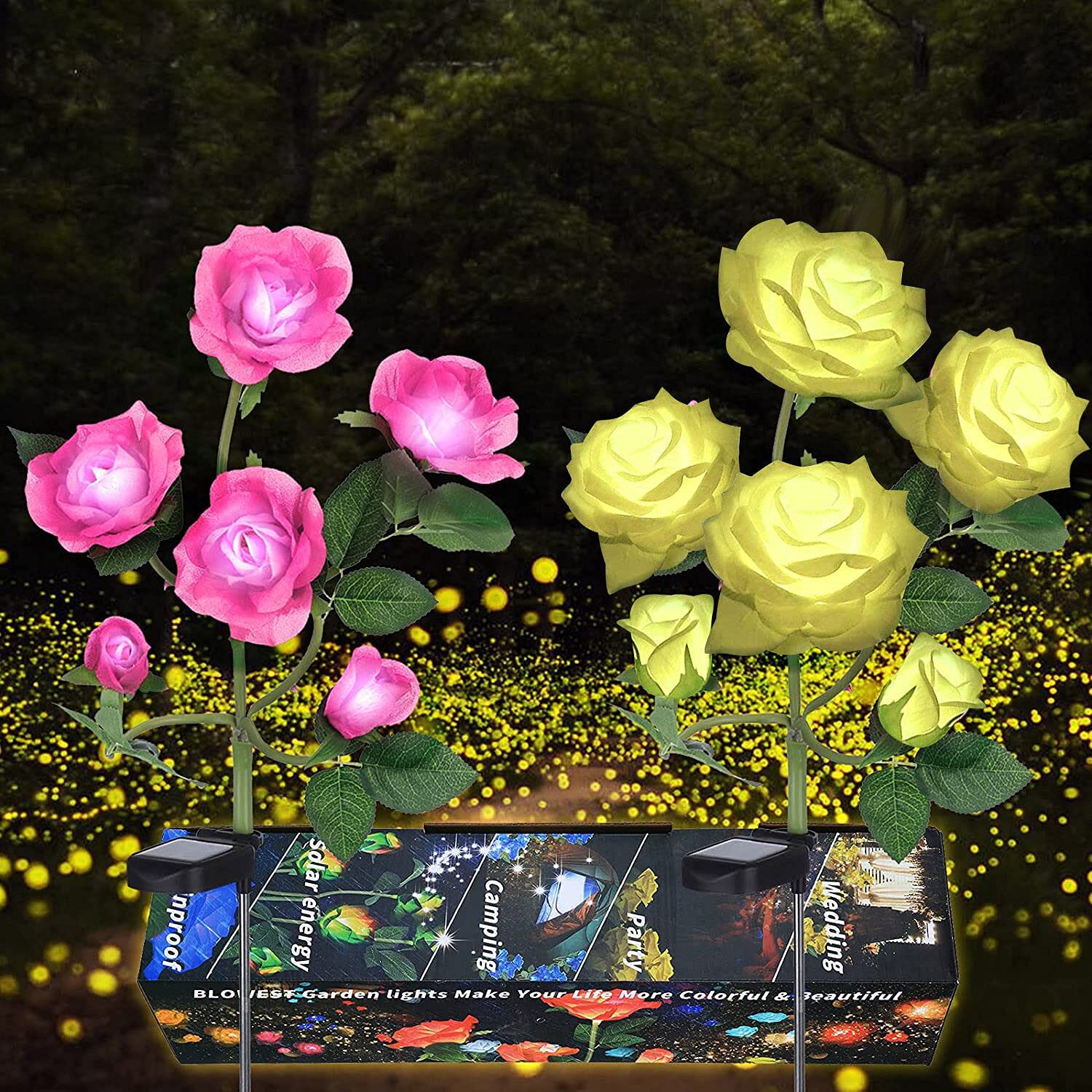 2PC Solar LED Outdoor Lights - Upgraded Waterproof Garden & Pathway Lighting with 12 Rose Flowers for Landscape, Yard, Patio, Lawn | Solar Powered Decorative Stake for Christmas, Courtyard & Nighttime Ambience