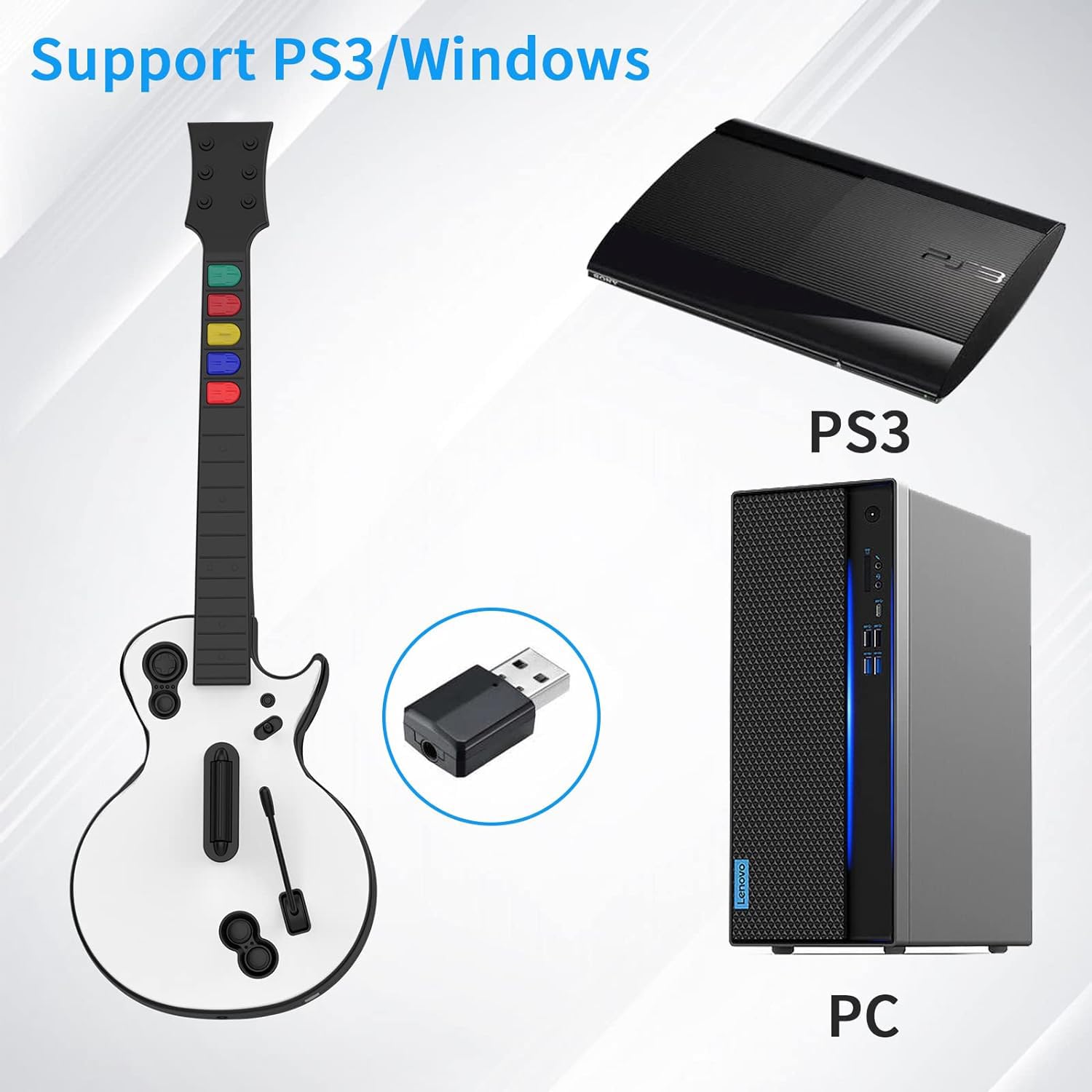 DOYO Wireless Guitar Hero Controller for PC & PS3 - Compatible with Guitar Hero 3/4/5 & Rock Band 1/2 - Includes Straps & USB Dongle, White 5-Key | Perfect for Gaming Parties & Music Rhythm Game Enthusiasts