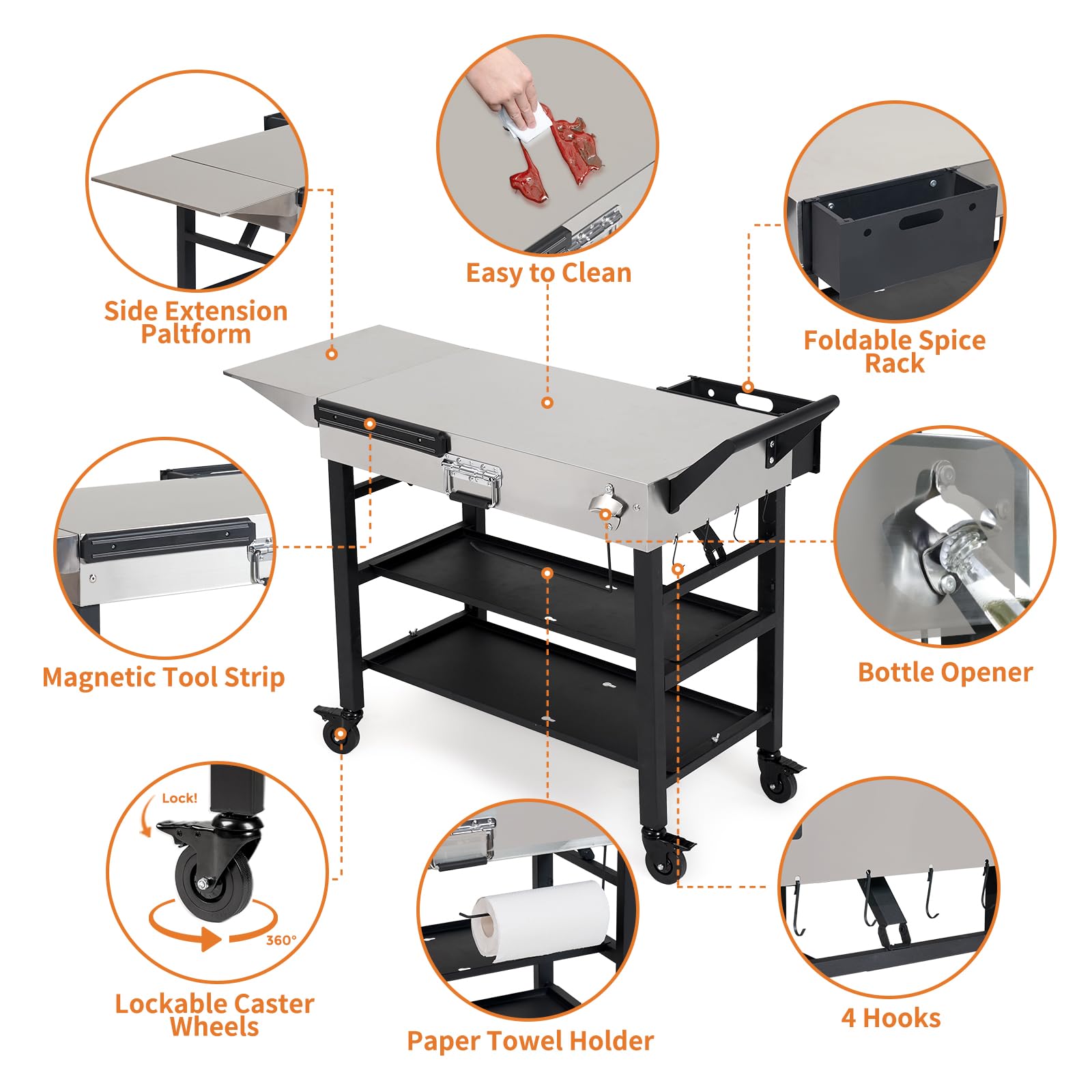Stainless Steel Portable Outdoor Grill Cart with Wheels - Foldable BBQ Table 41x17 Inch, 2-Tier Storage Rack for Blackstone Griddle 17/22in, Ninja Woodfire Grill & Pizza Oven - Perfect for Backyard, Camping & Tailgating Parties