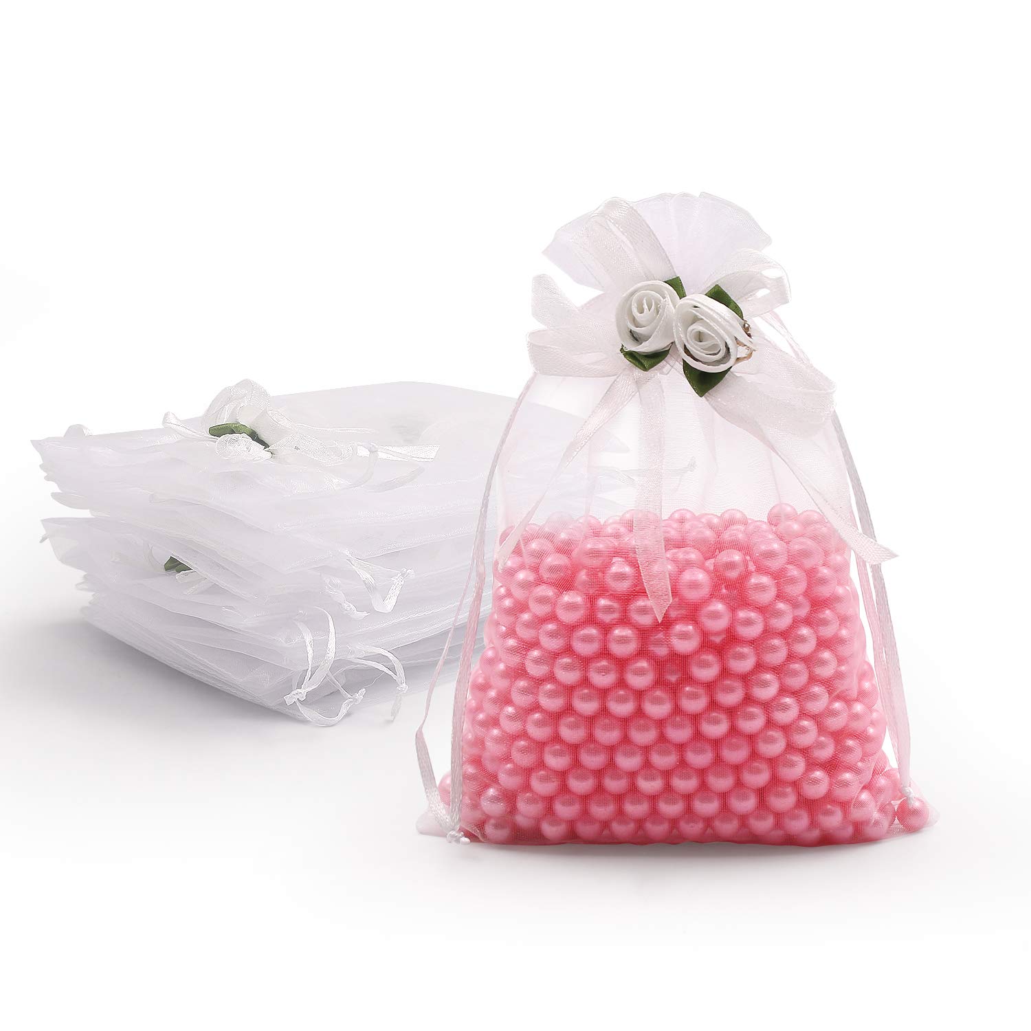 SumDirect 50Pcs 5x7 Inch White Rose Organza Drawstring Gift Bags - Elegant Wedding Favor Pouches for Jewelry, Party Favors, Christmas Gifts & Valentine's Day Presents | Perfect for Bridal Showers, Baby Showers and Special Occasions