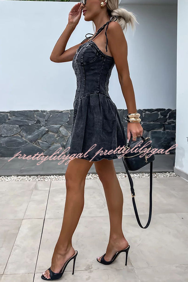 Sweet and Unique Washed Denim Stretch Mini Dress with Center Front Zipper - Perfect for Casual Outings, Date Nights & Summer Parties