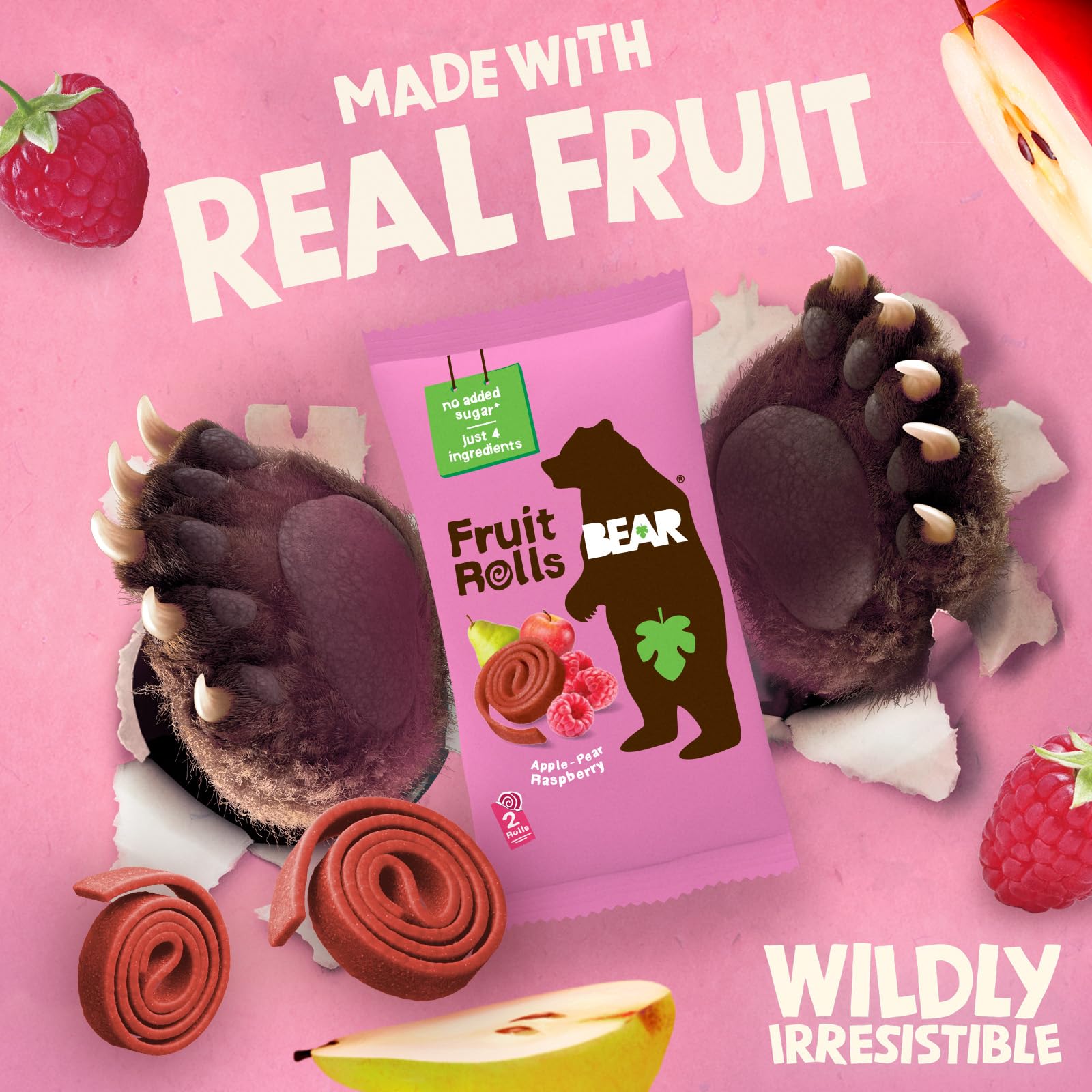 BEAR Real Raspberry Fruit Snack Rolls - Gluten Free, Vegan, Non-GMO Healthy Snacks for Kids & Adults - 0.7oz (18 Pack) - Perfect for School Lunches, Office Snacks & On-the-Go Energy Boost