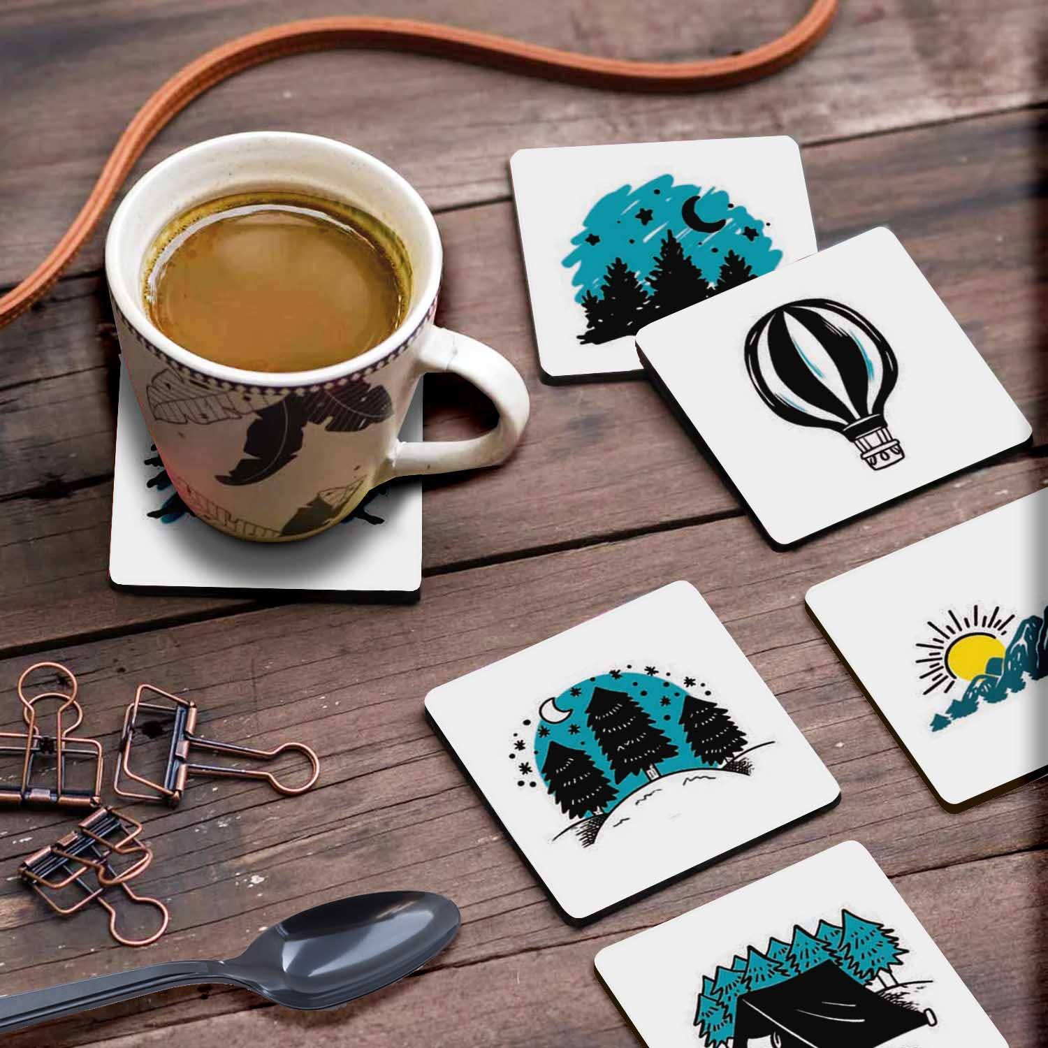 Set of 6 Decorative 4-inch Square Drink Coasters with Non-Slip Cork Base - Easy to Clean Nature Design - Perfect for Home, Office, and Party Use