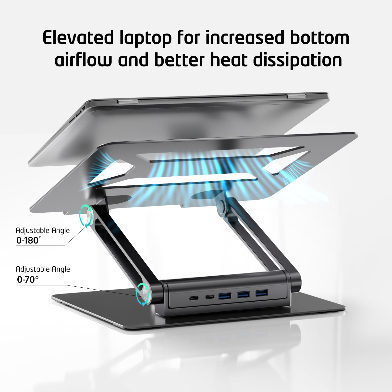 Adjustable Aluminum Laptop Stand with USB-C & USB-A Ports, 360° Rotating Base - Ergonomic Foldable Computer Riser for 7