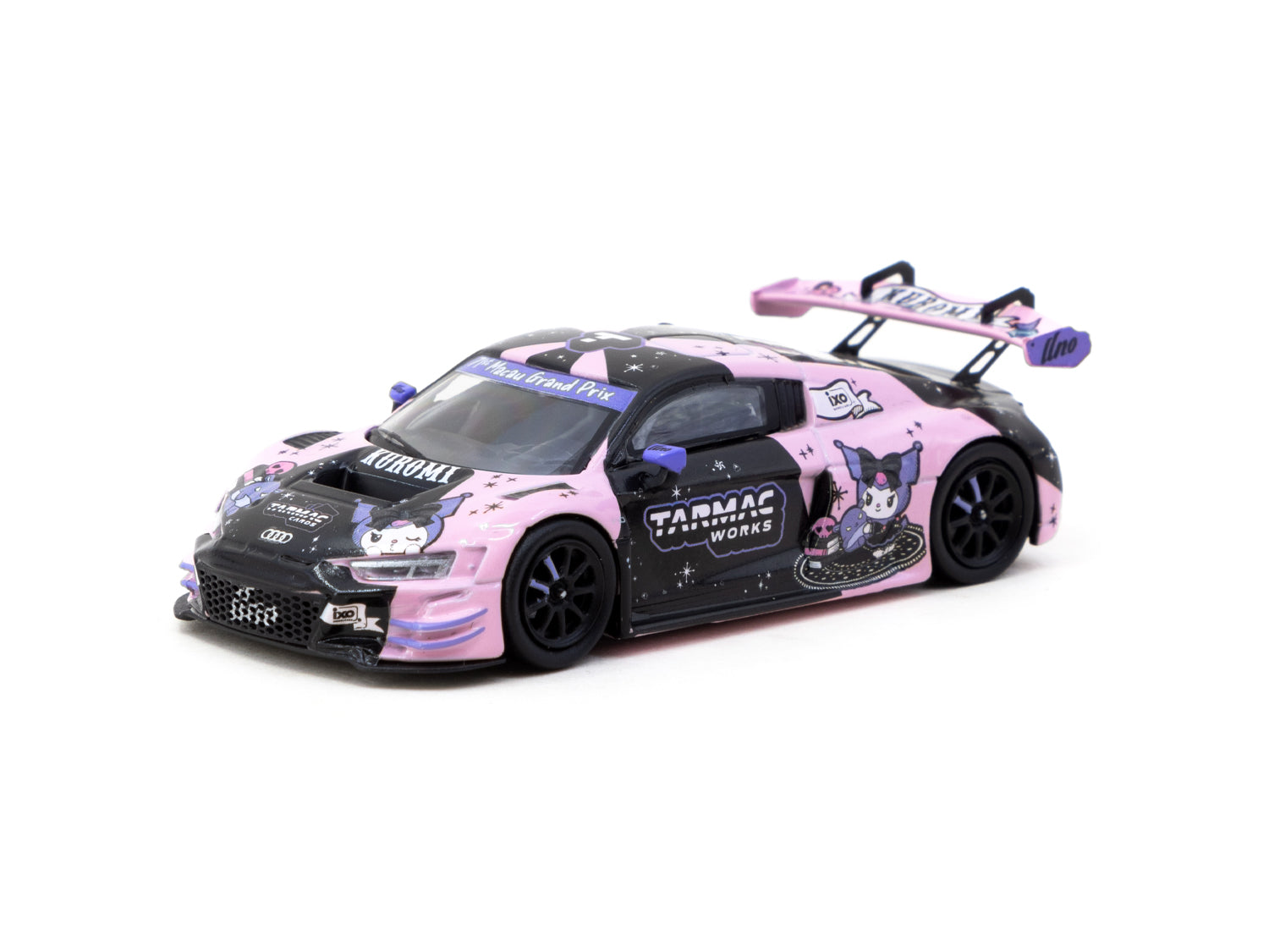 Tarmac Works 1/64 Scale Audi R8 LMS GT3 Evo II Diecast Model Car - 2024 Macau GP Special Edition with Kuromi Plush Toy Bundle | Collectible Racing Car for Display, Gifts & Anime Fans